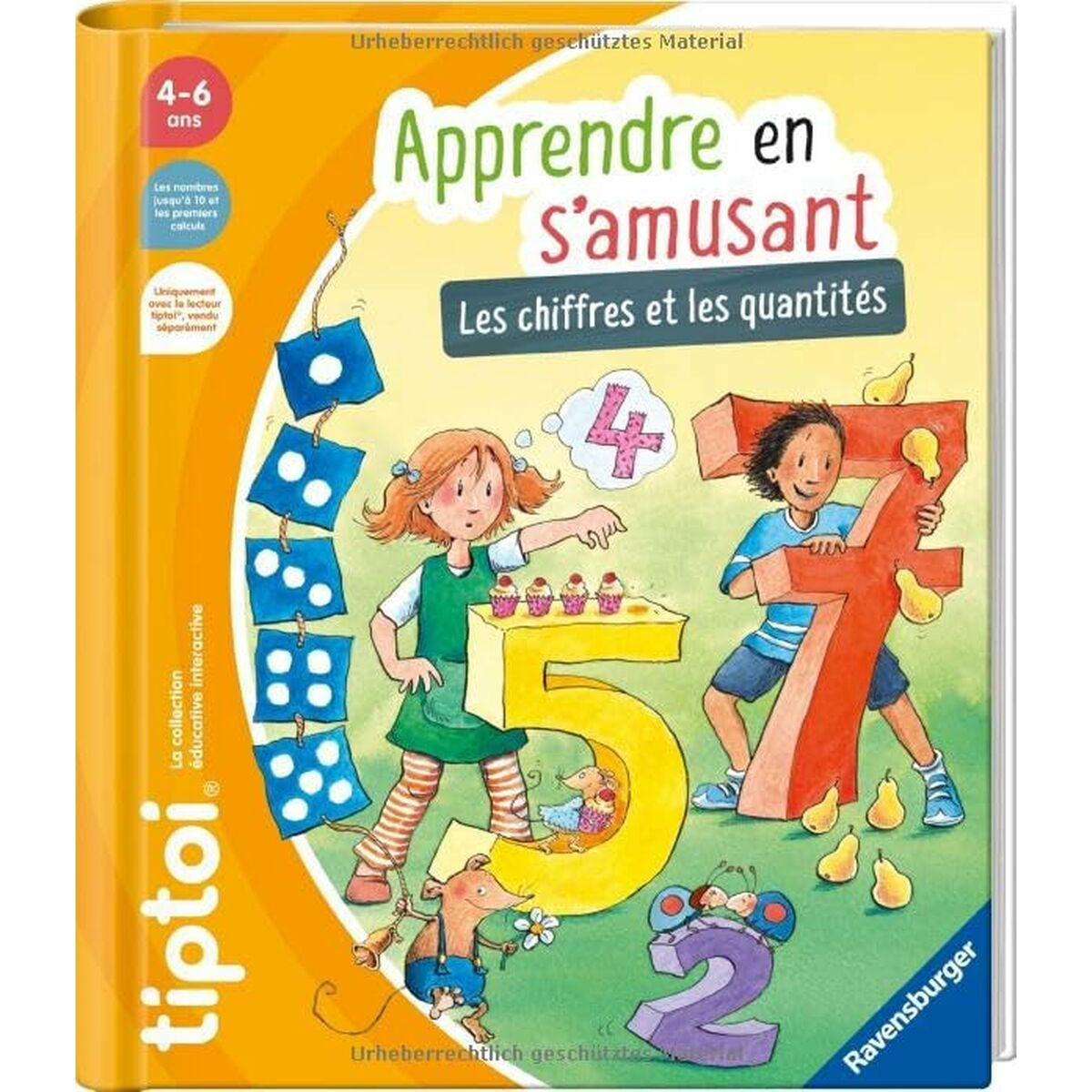 Copertina di libro con bambini, numeri e illustrazioni. Il titolo è 'Apprendre en s'amusant'. I numeri 2, 4, 5 e 7 sono in evidenza.