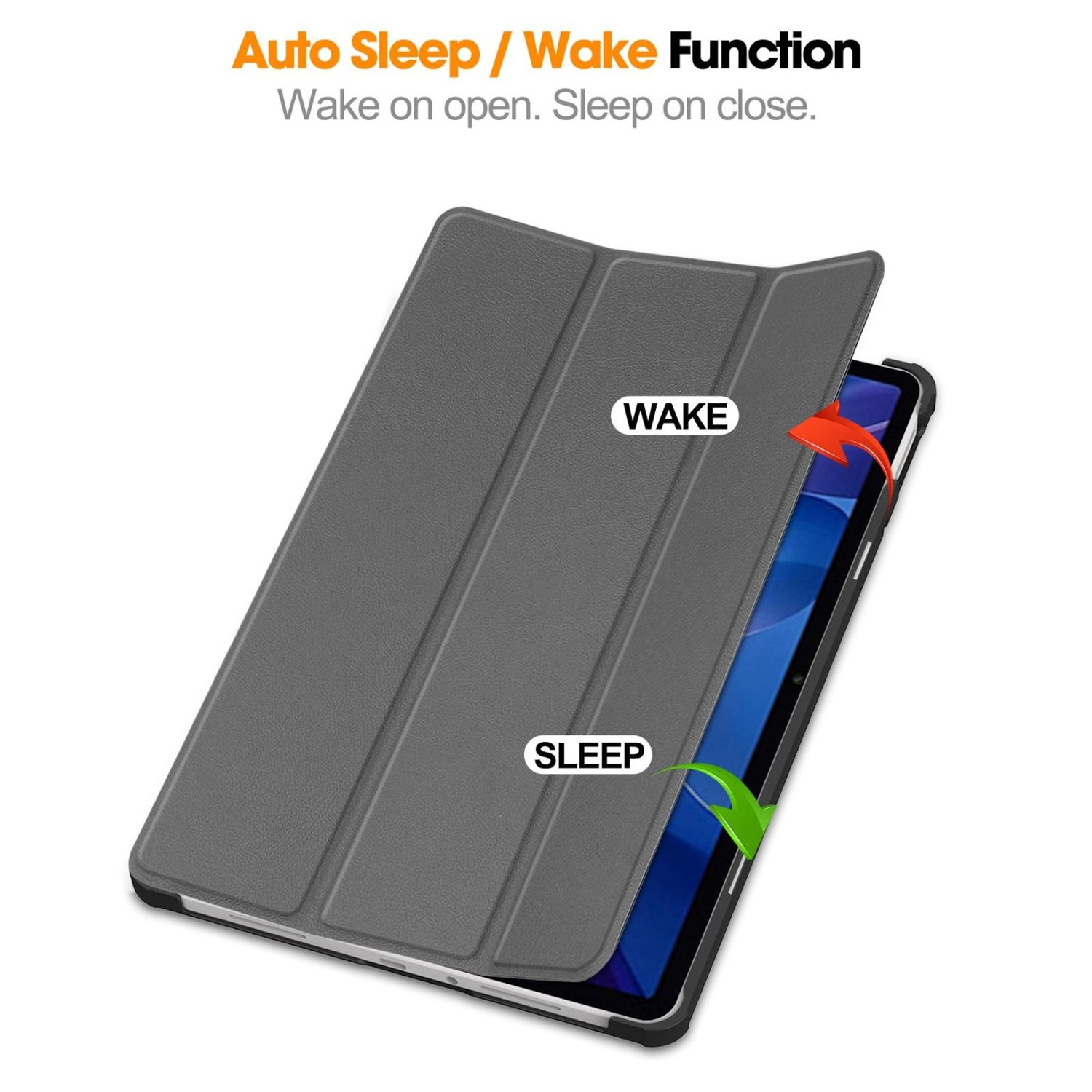 Eine teilweise geöffnete graue Tablethülle mit den Aufschriften 'WAKE' und 'SLEEP'. Ein oranger Pfeil zeigt das Öffnen, ein grüner das Schließen.