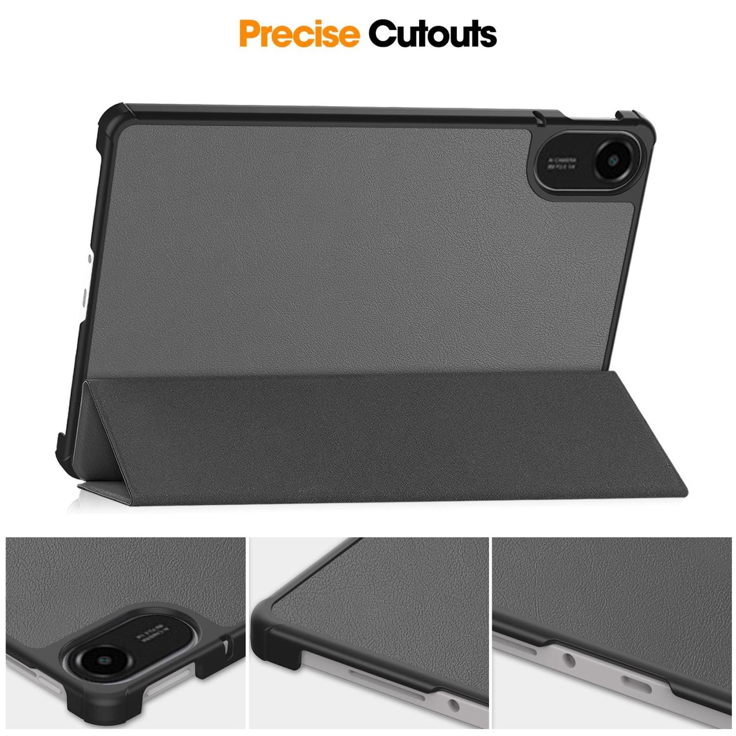 Ein Tablet in einer dunkelgrauen Hülle, hochgestellt. Die Hülle hat eine Abdeckung und einen Kameraausschnitt. Der Hintergrund ist weiß.