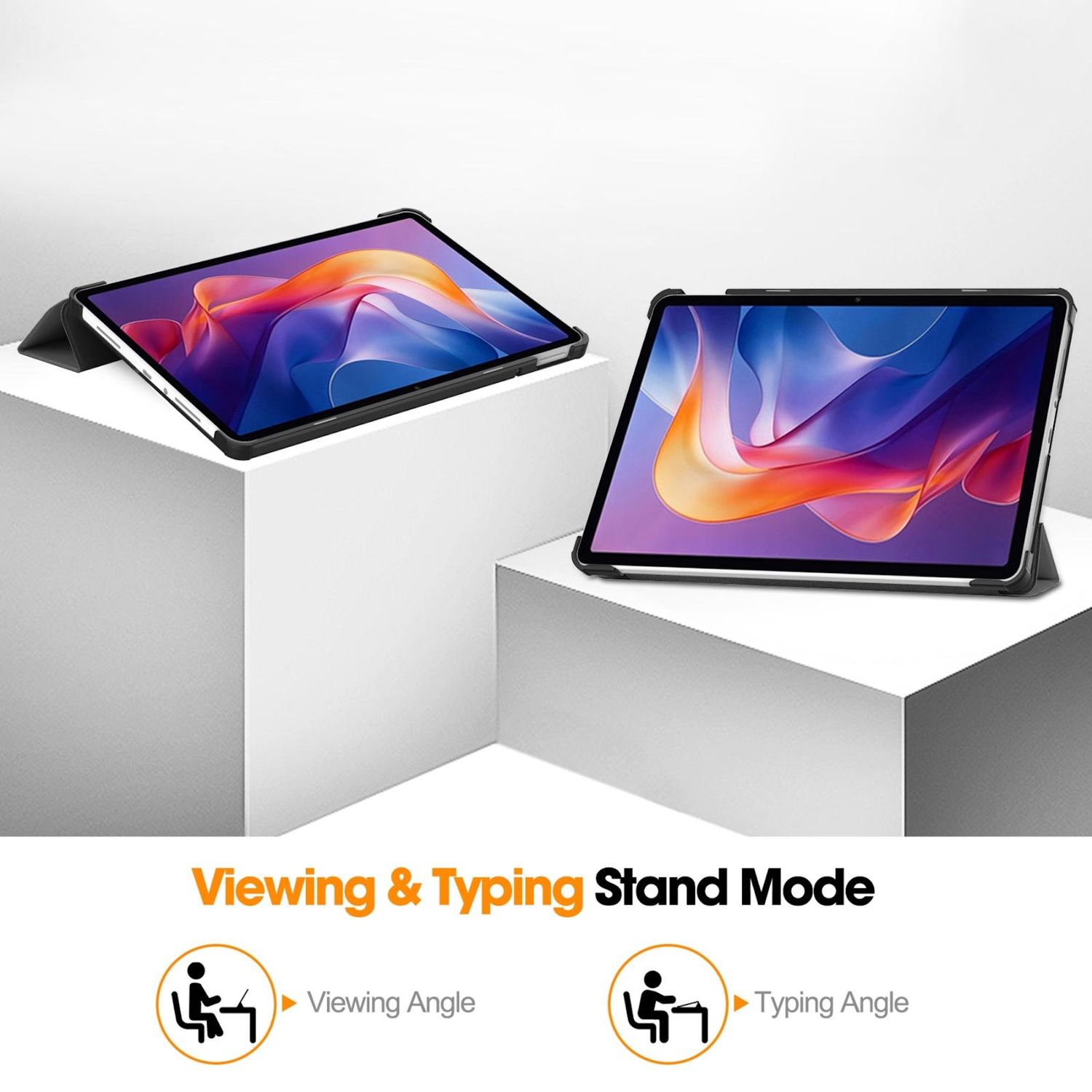 Zwei Tablets im Ständermodus, auf weißen Blöcken angewinkelt. Text darunter lautet 'Viewing & Typing Stand Mode'.