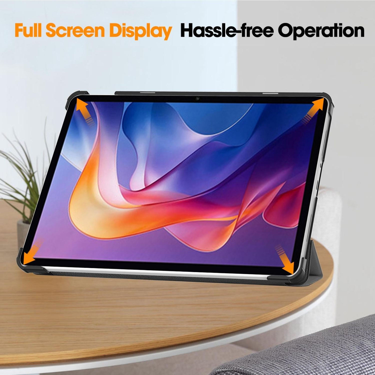 Ein Tablet auf einem Tisch. Der Bildschirm zeigt farbenfrohe abstrakte Kunst. Oben steht 'Full Screen Display' und 'Hassle-free Operation'.