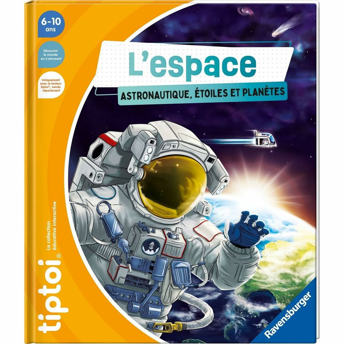 Buchcover: Astronaut im Weltraum, Erde im Hintergrund, Titel 'L'espace', Verlag Ravensburger und Branding-Elemente.