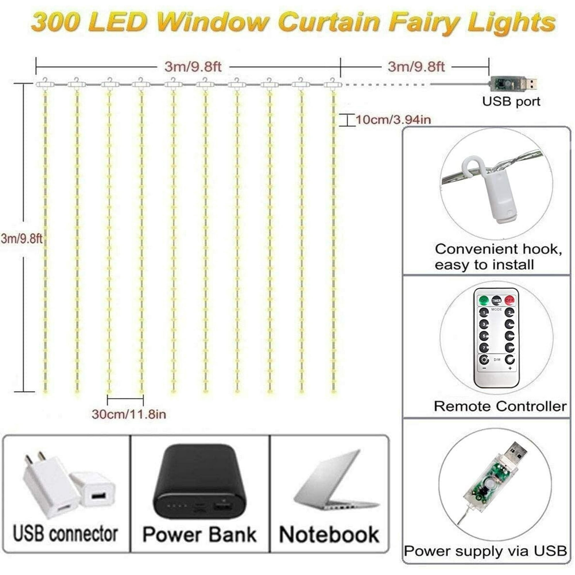 Diagramm von LED-Fenstervorhanglichtern mit Abmessungen, USB-Anschluss, Fernbedienung und Stromzubehör.