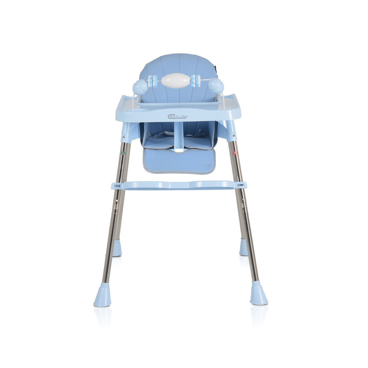 Una trona azul claro para bebé con bandeja, asiento y respaldo. Tiene patas plateadas y está sobre fondo blanco.