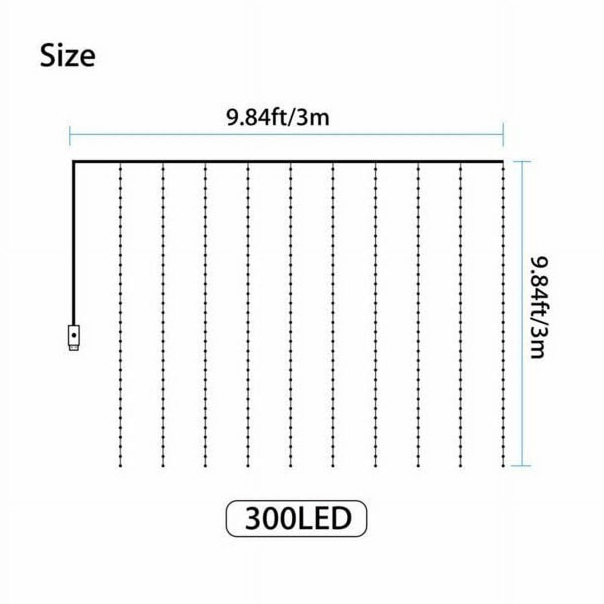 Diagramm von LED-Leuchten. Zeigt die Größe: 9.84ft/3m. Zeigt 300 LED-Leuchten in einem Rastermuster mit einem Netzstecker.