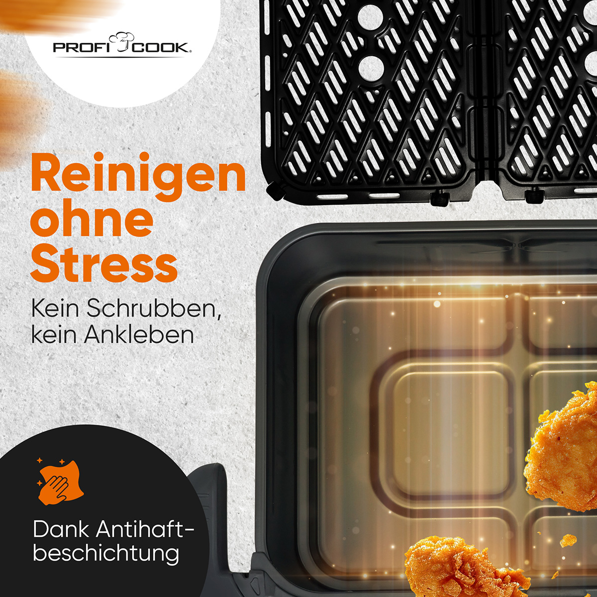 Frytownica powietrzna z kurczakiem. Tekst: 'Łatwe czyszczenie bez stresu'. Czarne części i białe tło.