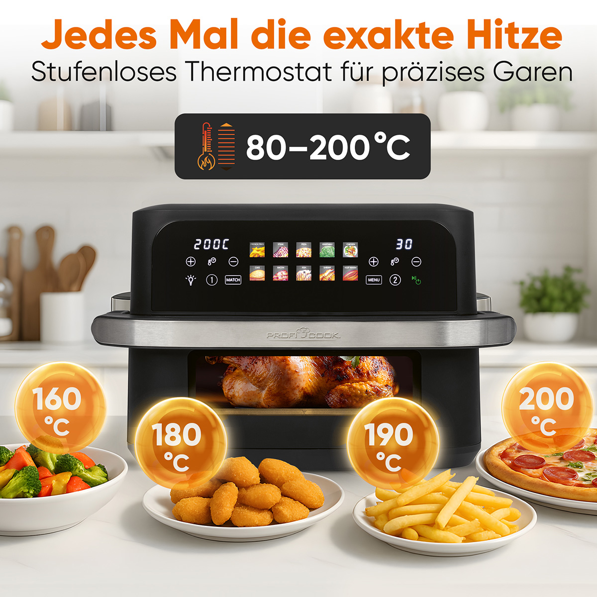 Frytkownica powietrzna z jedzeniem, w tym pizzą, frytkami i nuggetami, na talerzach. Wyświetlane są ustawienia temperatury. Urządzenie jest czarne.