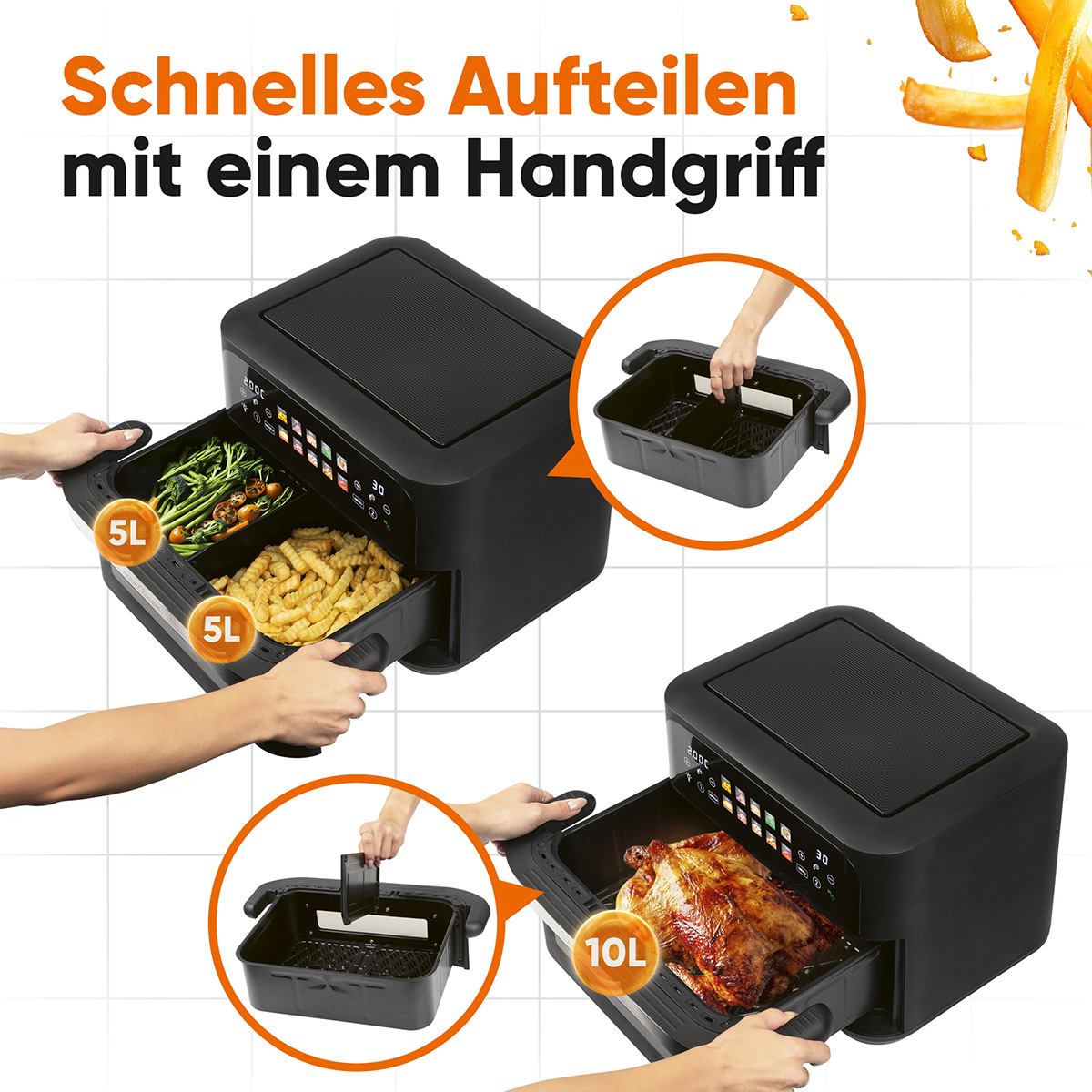 Frytownica beztłuszczowa pokazuje różne produkty: frytki, marchewki i pieczonego kurczaka. Ręce wchodzą w interakcję z koszami frytownicy.