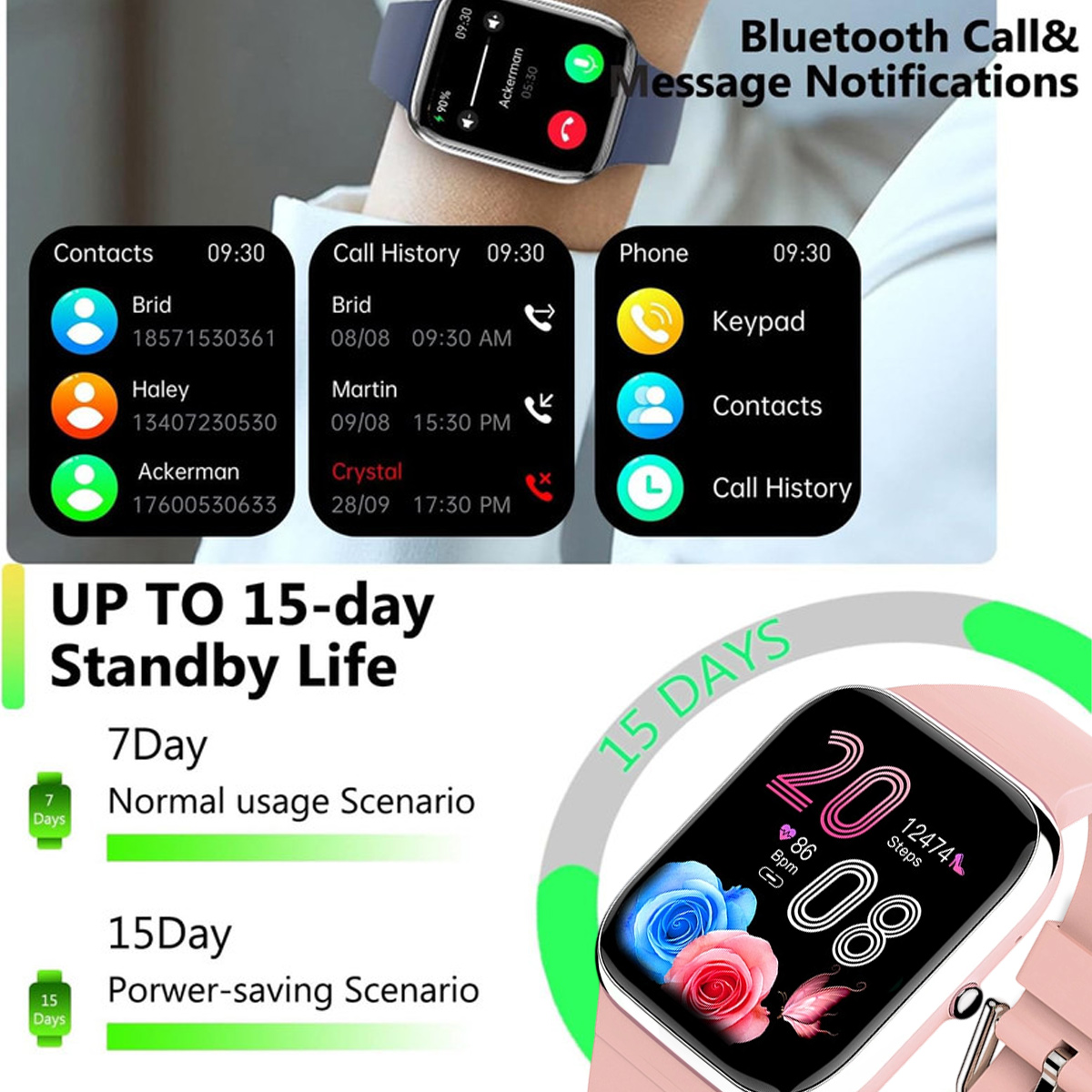 Eine Smartwatch zeigt Kontakte, Anrufliste und Telefonoptionen an. Sie hat ein rosa Armband und zeigt Statistiken auf dem Bildschirm sowie die Akkulaufzeit.