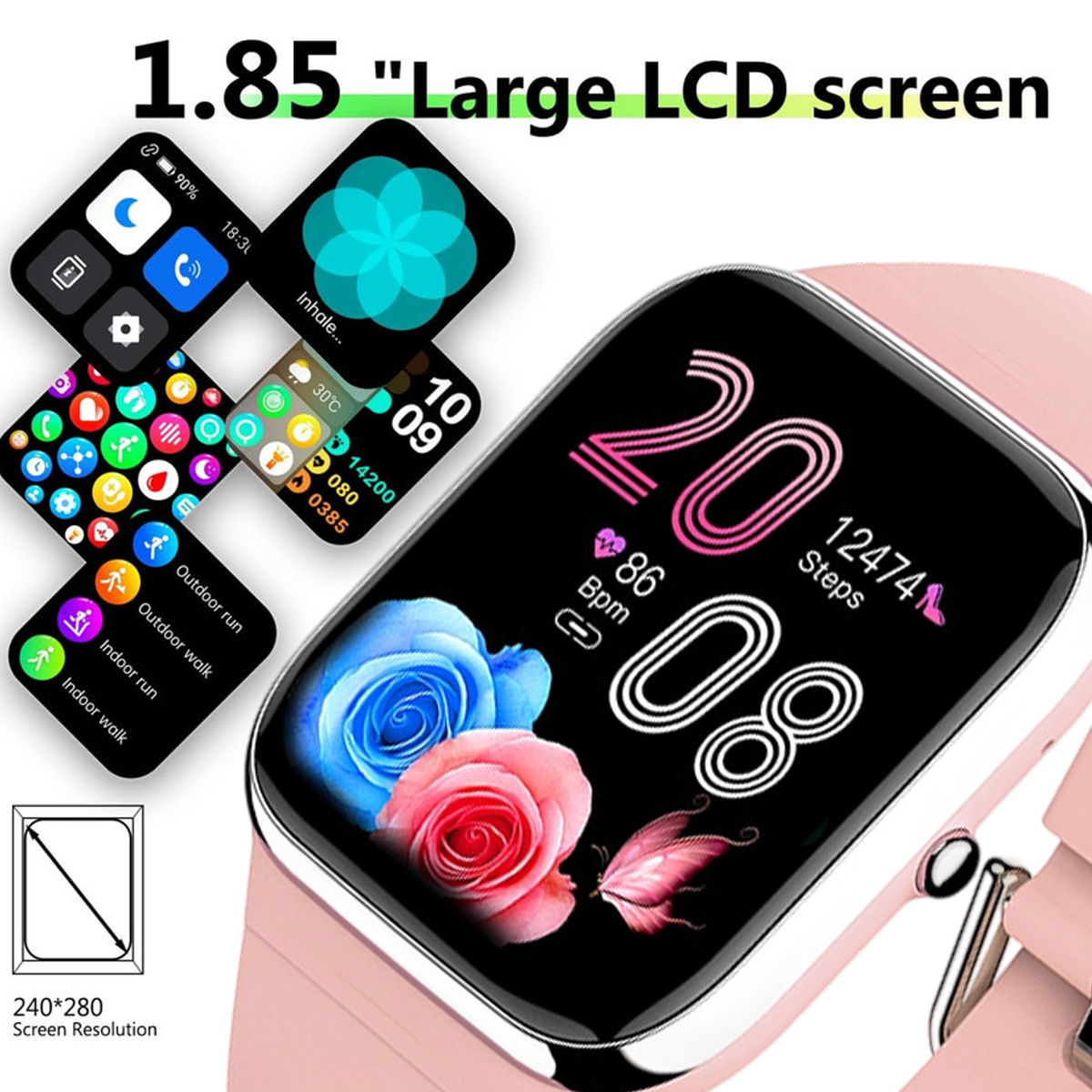 Eine rosa Smartwatch mit Gesundheitsdaten und Funktionen, mit einem Blumendesign auf dem Bildschirm und mehreren Menüsymbolen.