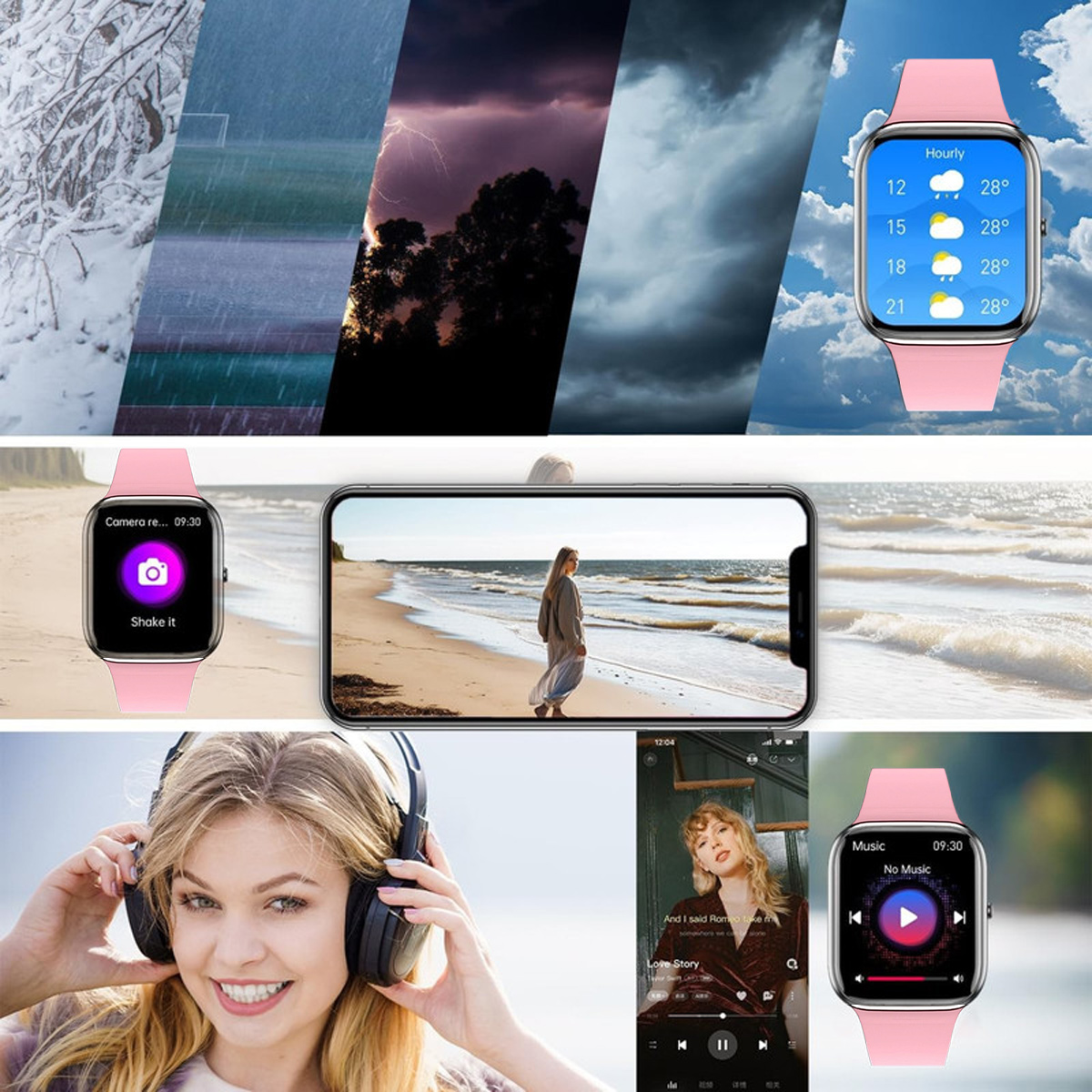 Eine Collage zeigt Wetterszenen, eine Frau am Strand, eine Frau mit Kopfhörern, ein Telefon mit Musik-App und rosa Smartwatches.