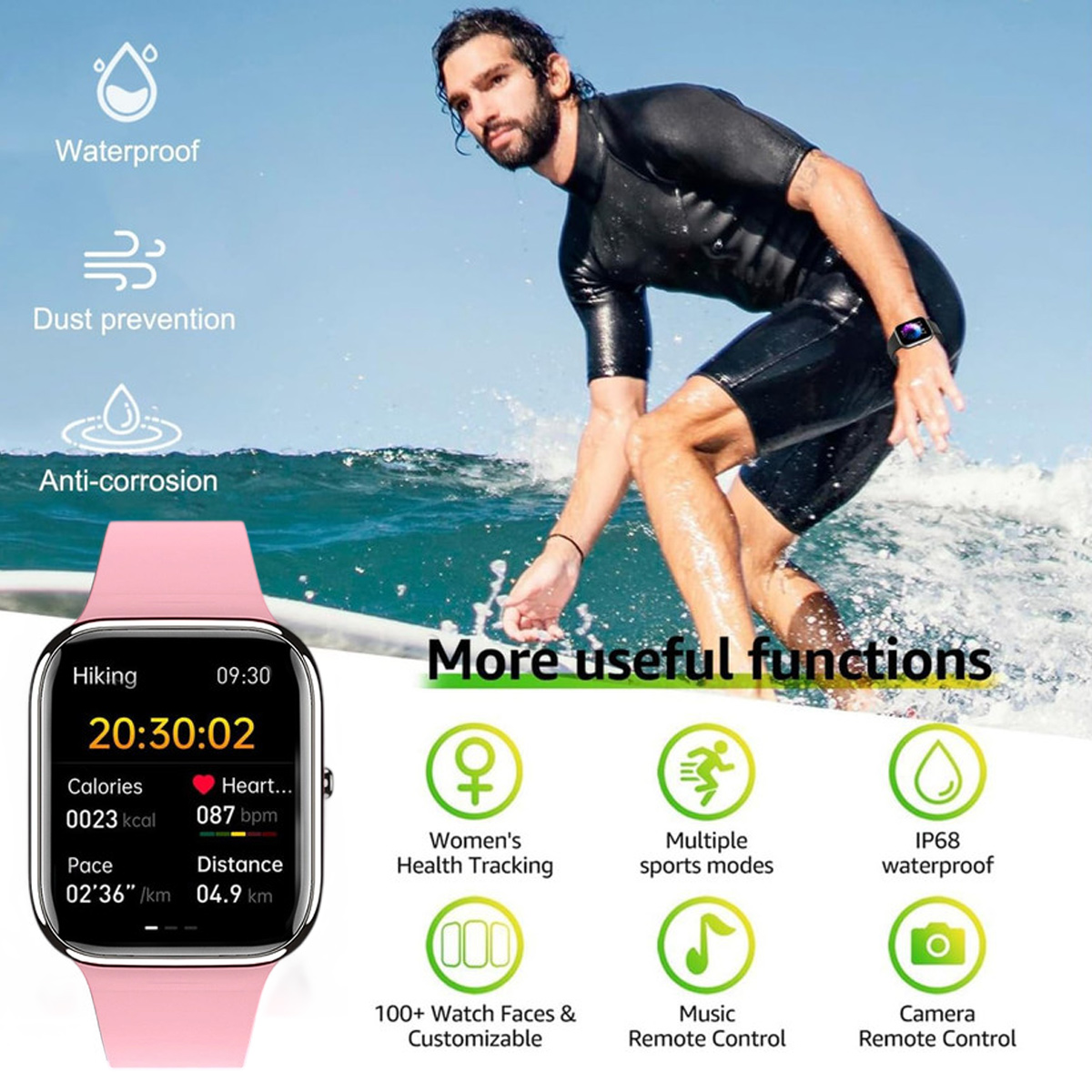 Ein Mann im Neoprenanzug auf einem Surfbrett. Eine pinke Smartwatch zeigt Statistiken. Symbole für Gesundheit, Sport und Funktionen werden angezeigt.