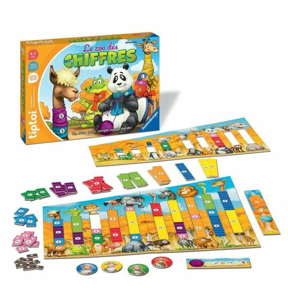 A board game box with animal characters, game boards, cards, and tokens. The box reads 'Le zoo des Chiffres'.