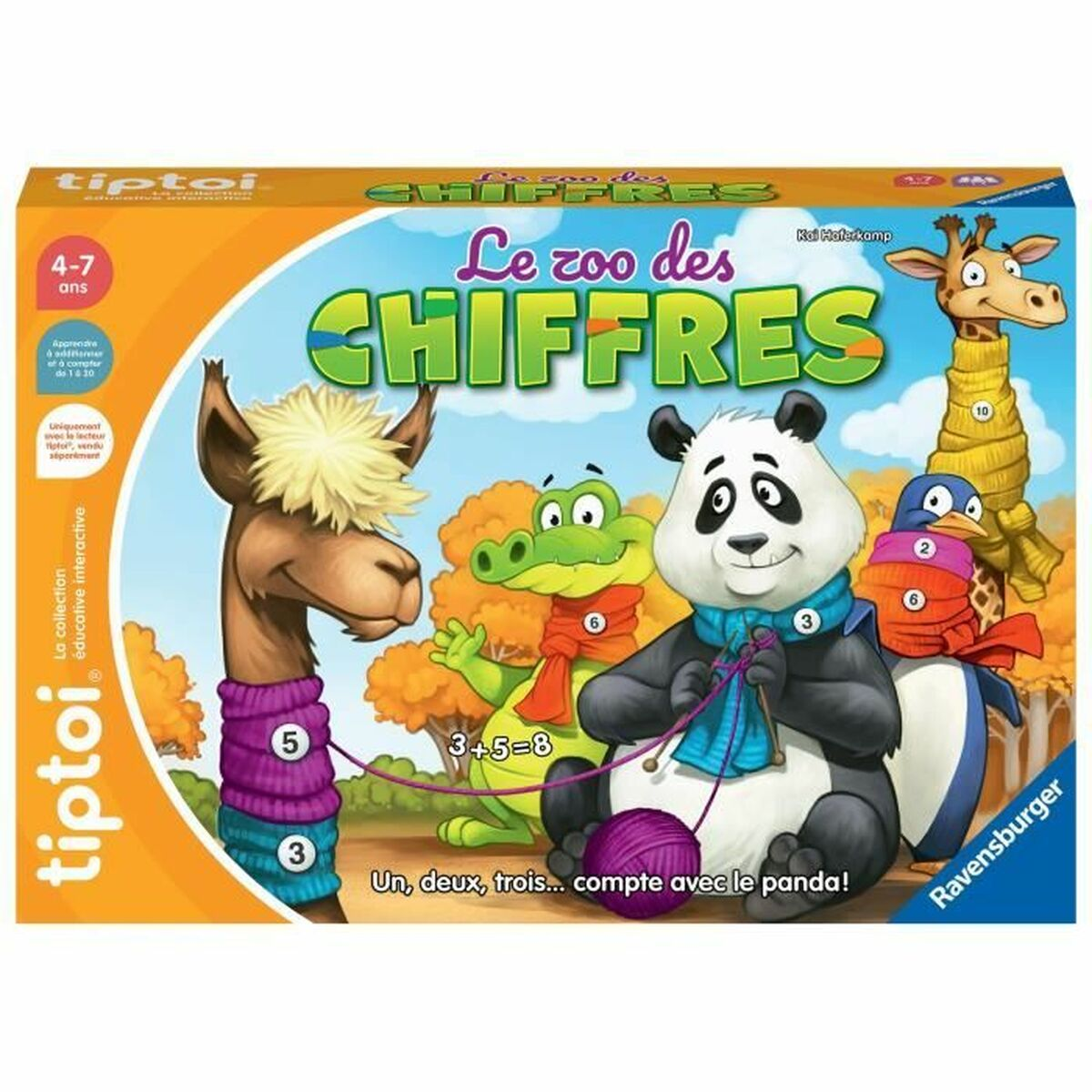 Box with illustrated animals and numbers. Panda knitting, giraffe wearing a sweater, crocodile. Title: Le zoo des Chiffres.