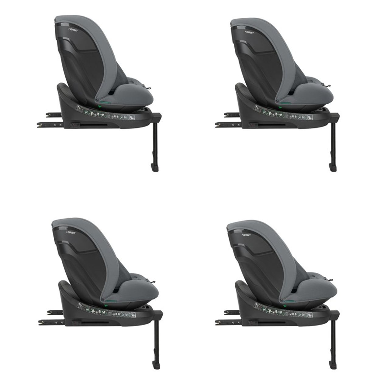 Vier graue und schwarze Autositze werden auf weißem Hintergrund angezeigt. Jeder Sitz hat eine Kopfstütze und eine Basis mit einem Stützbein.