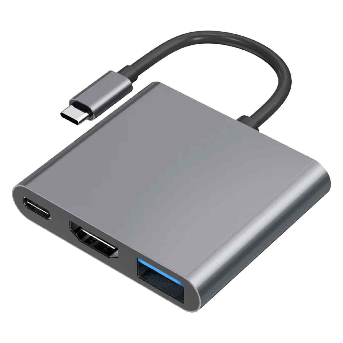 Ein silberner USB-C-Hub mit Anschlüssen für HDMI, USB und andere Verbindungen. Er hat ein schwarzes Kabel und einen USB-C-Anschluss.