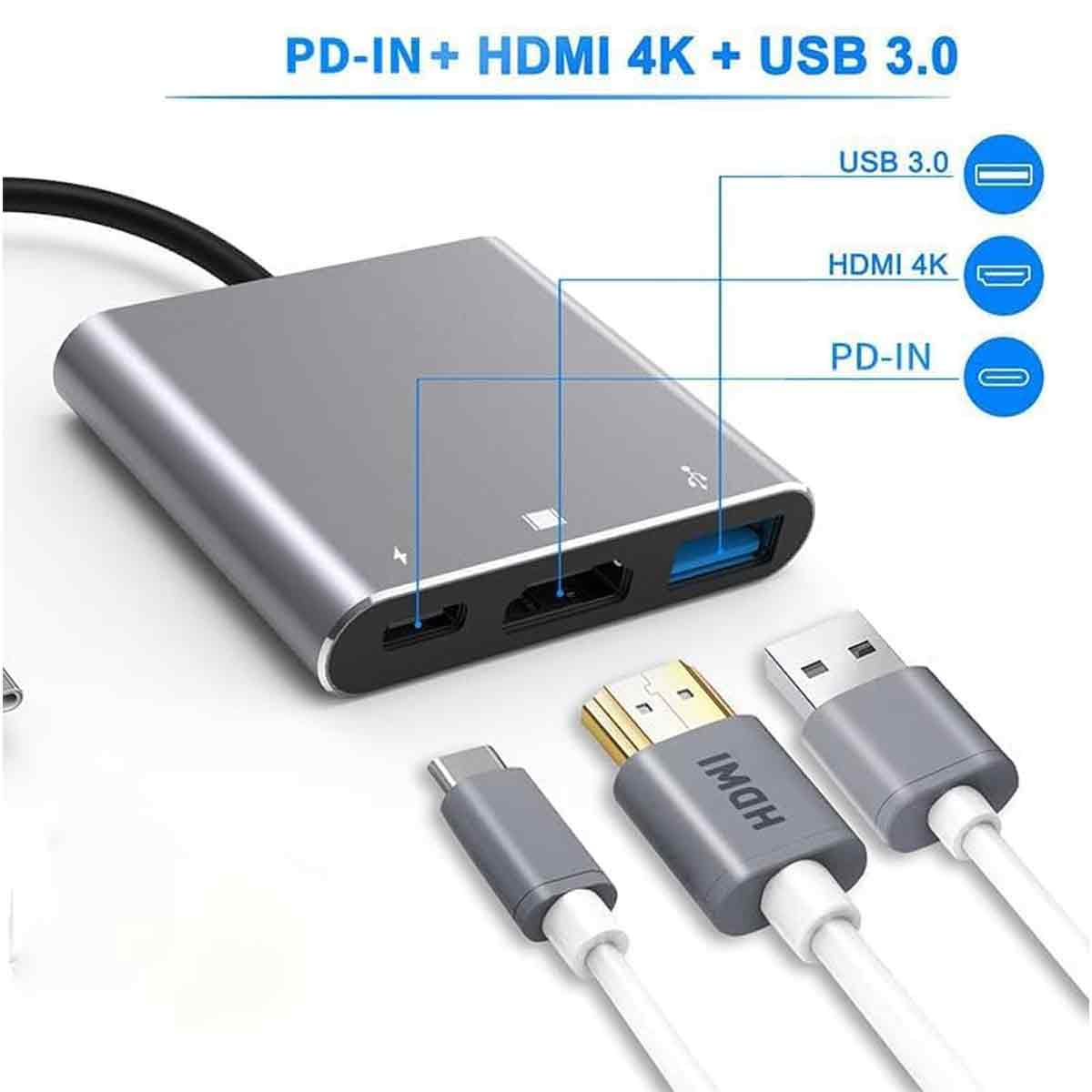 Silberner Hub mit Anschlüssen, drei weiße Kabel mit HDMI-, USB- und einem kleineren Anschluss. Text: PD-IN+HDMI 4K+USB 3.0.