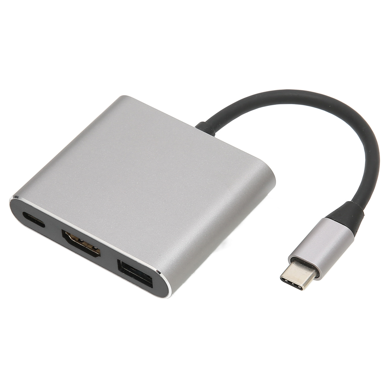 Ein silberner USB-C-Hub mit HDMI-, USB-Anschlüssen und einem schwarzen Kabel, das an einen USB-C-Anschluss angeschlossen ist.