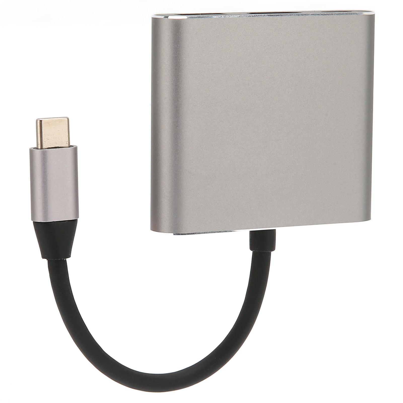 Silberner USB-C-Adapter mit schwarzem Kabel. Der Adapter ist rechteckig. Das Kabel ist gebogen.