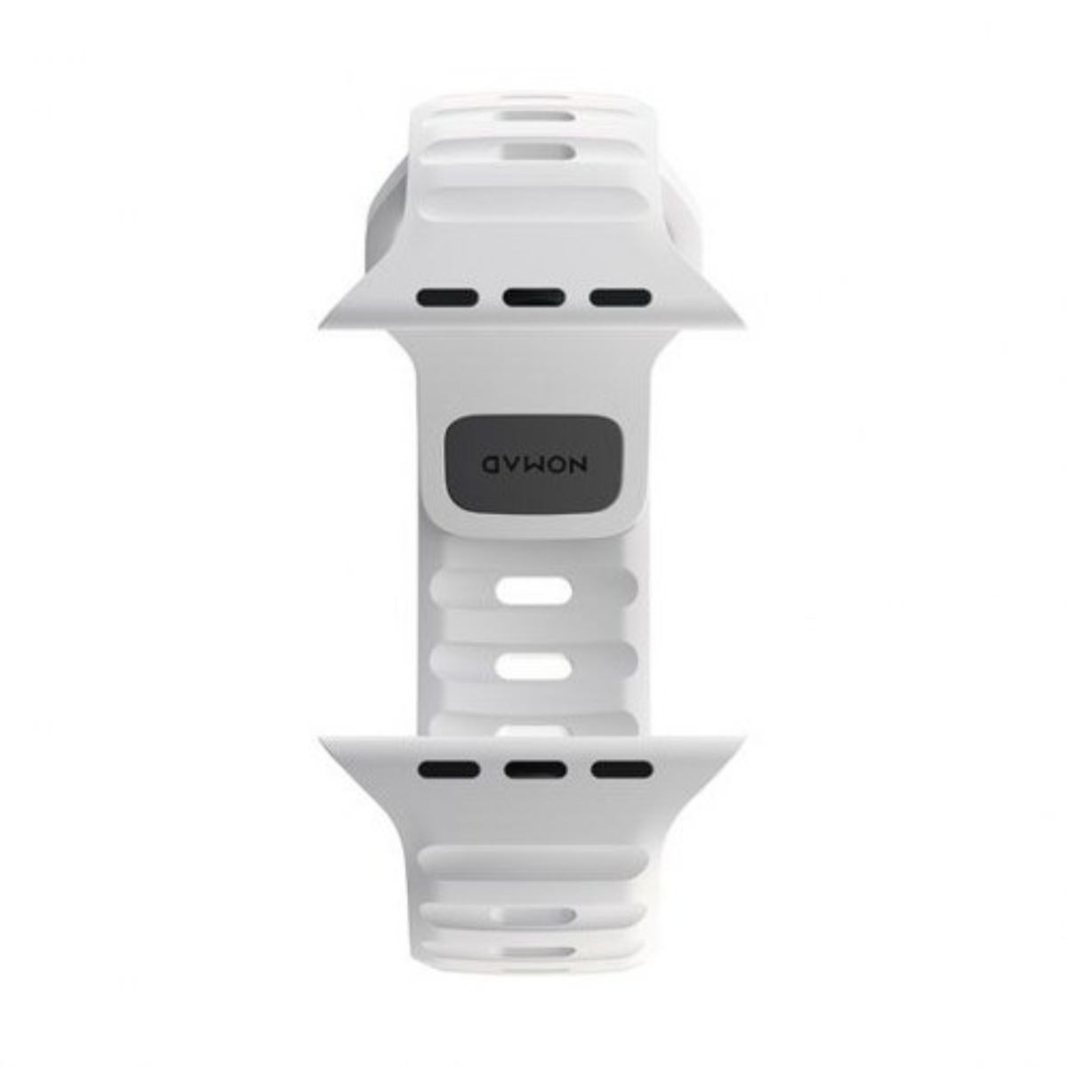 Ein weißes Uhrenarmband mit schwarzem Nomad-Logo. Es hat ein strukturiertes Design und ist vor weißem Hintergrund platziert.