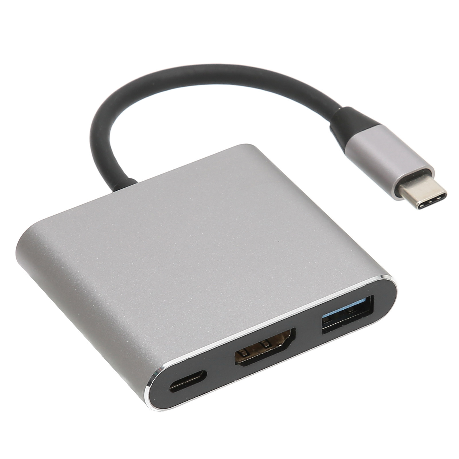 Ein silberner USB-C-Hub mit schwarzem Kabel. Er hat HDMI-, USB- und USB-C-Anschlüsse.
