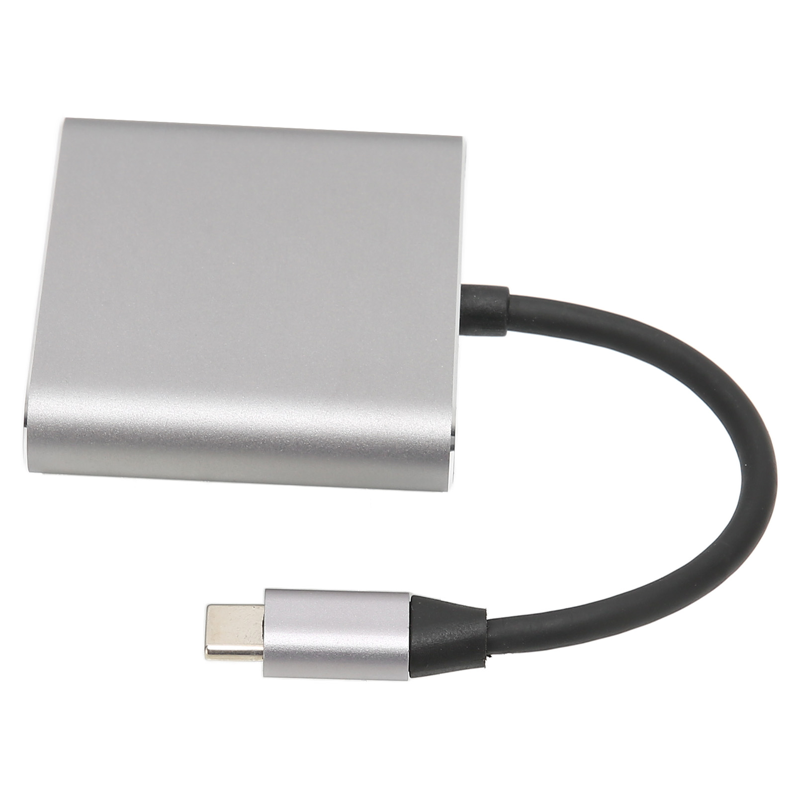 Ein silberner USB-C-Hub mit schwarzem Kabel. Der Hub hat einen rechteckigen Körper und einen USB-C-Anschluss am Kabelende.
