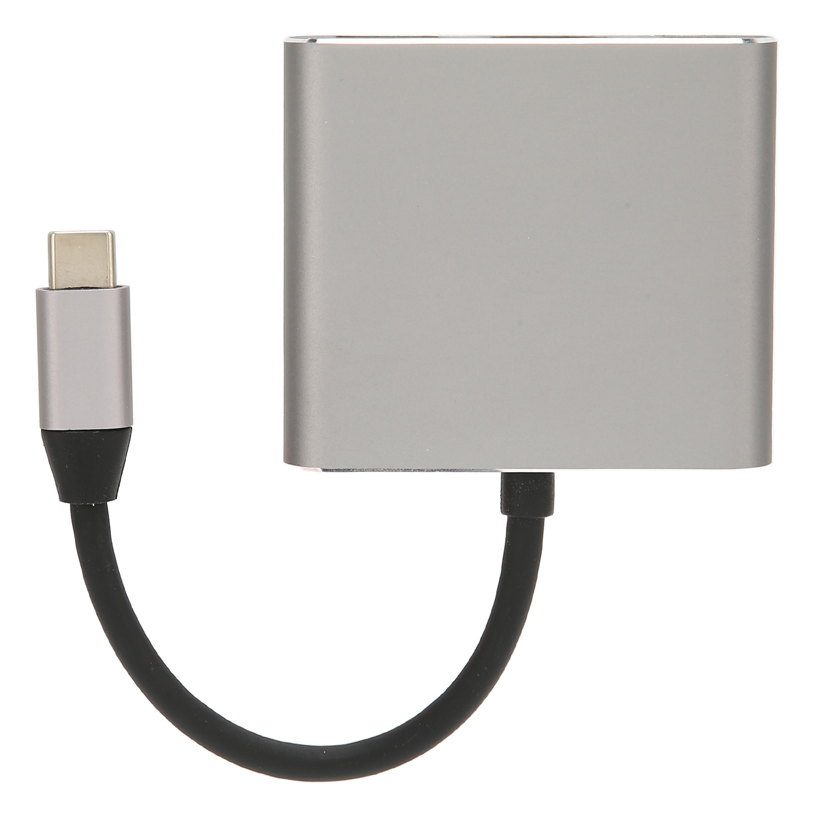 Ein silberner USB-C-Hub mit einem schwarzen Kabel. Er hat einen rechteckigen Körper und einen USB-C-Anschluss.