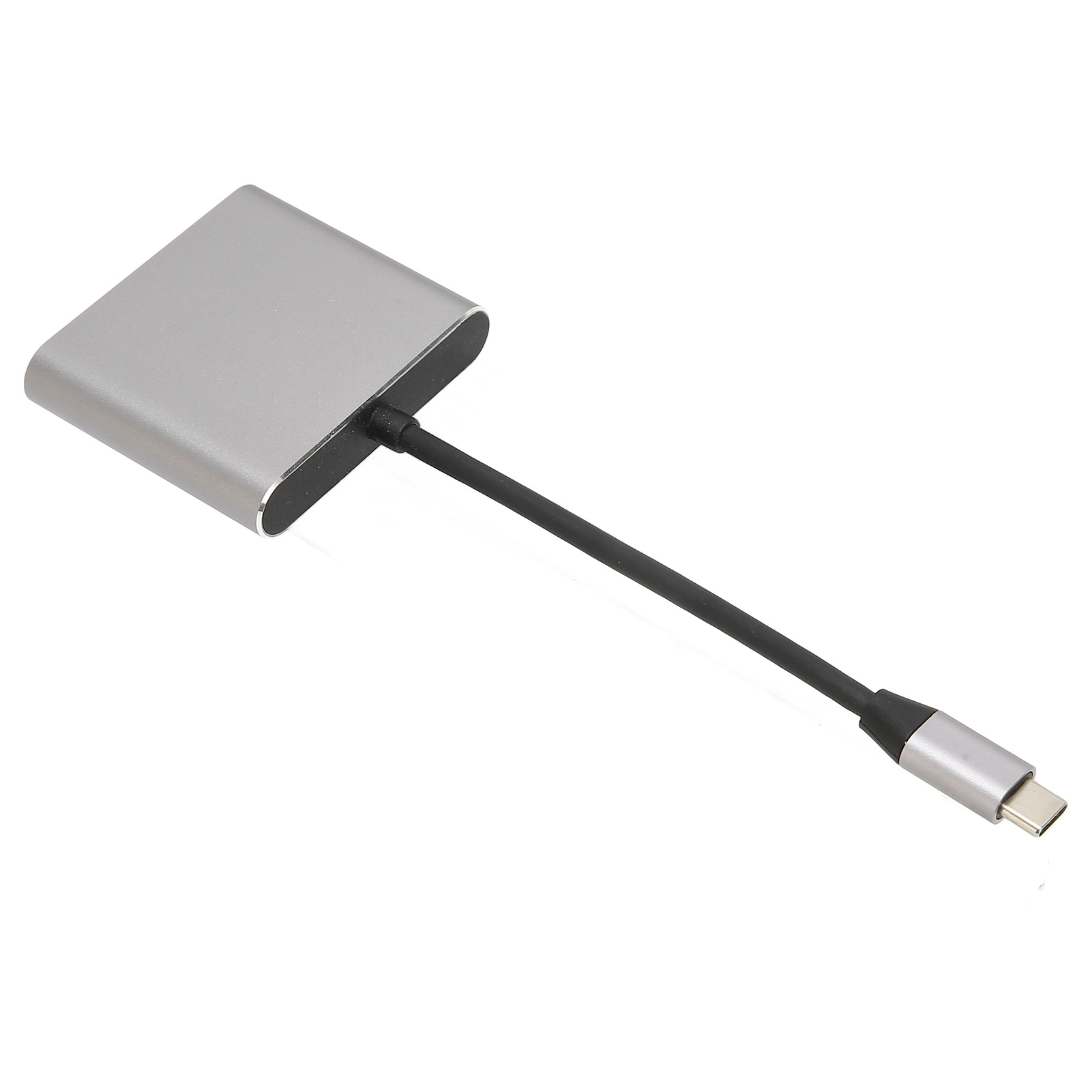 Ein silberner USB-C-Adapter mit einem schwarzen Kabel auf weißem Hintergrund.