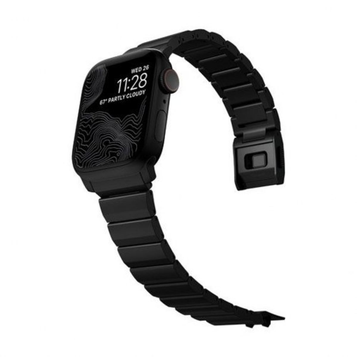 Un Apple Watch negro con una correa de metal negra. La esfera muestra la hora 11:28 y clima parcialmente nublado.