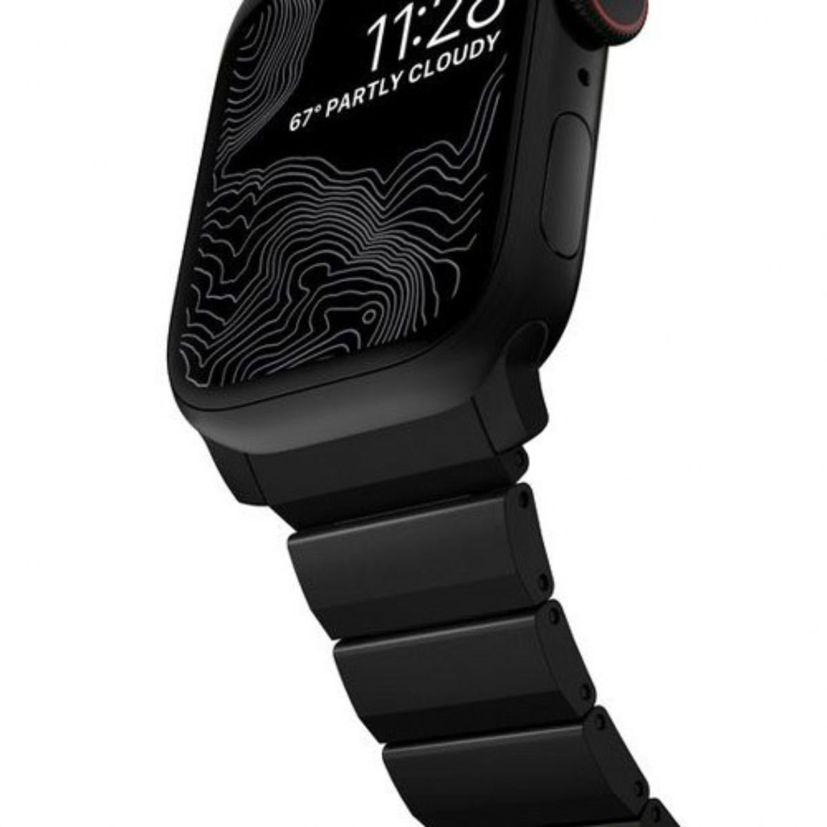 Un reloj inteligente negro muestra la hora 11:28 y 67 grados, parcialmente nublado. El reloj tiene una correa de metal negra.
