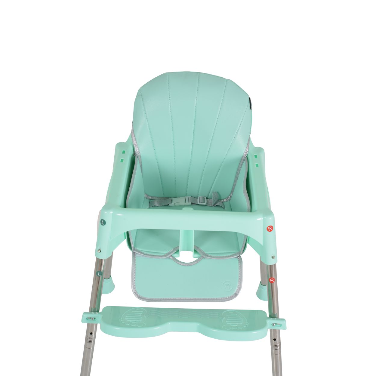 Ein mintgrüner Babyhochstuhl mit Sicherheitsgurt und Fußstütze. Der Stuhl hat Metallbeine und einen Kunststoffsitz.