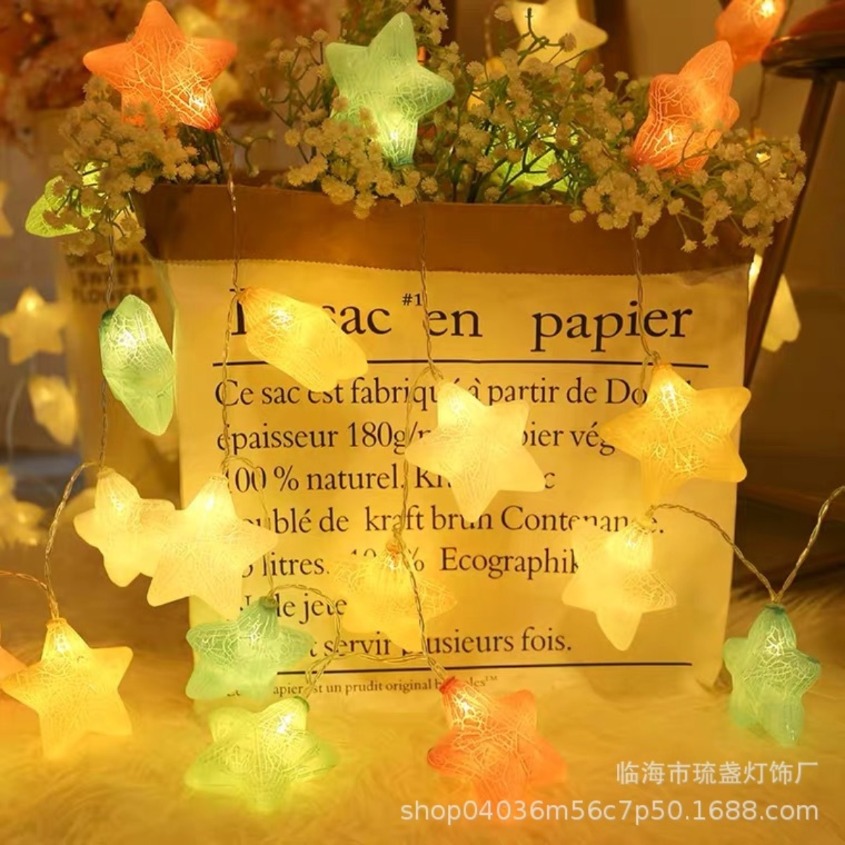 Eine Papiertüte mit Blumen und sternförmigen Lichtern. Die Lichter sind in verschiedenen Farben gehalten und hängen herab.