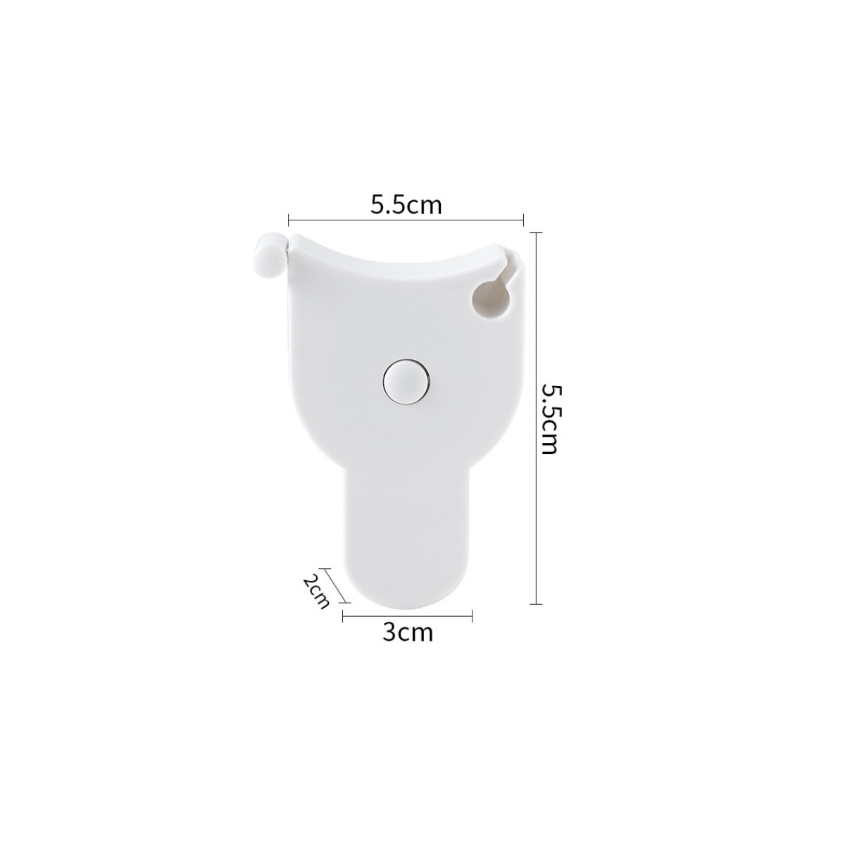 Ein weißes Körpermesswerkzeug. Es hat ein kreisförmiges Loch, und die Abmessungen sind beschriftet: 5,5 cm, 2 cm und 3 cm. Der Hintergrund ist weiß.