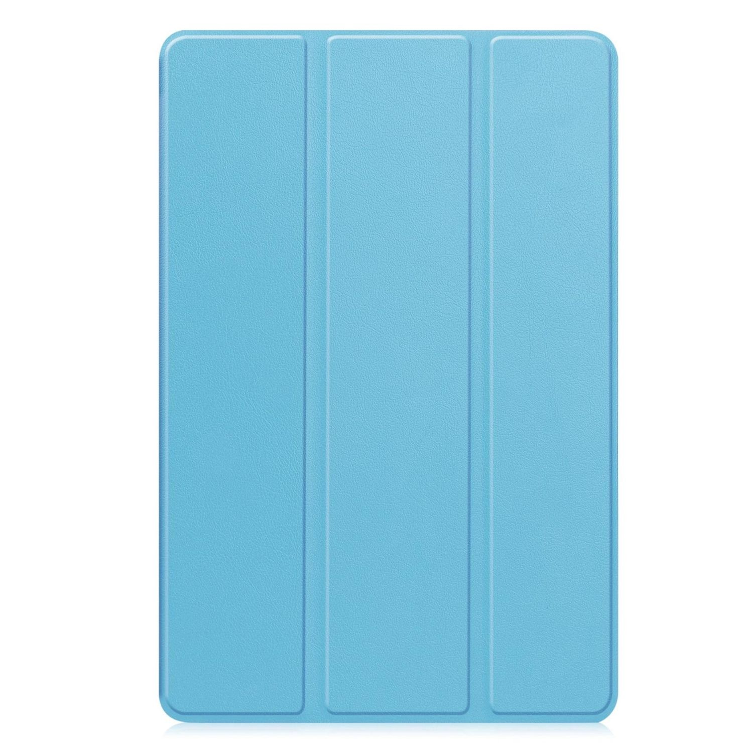 È mostrata una custodia per tablet azzurra, piegata in tre sezioni. La superficie ha un aspetto testurizzato, simile alla pelle, con ombre sottili.