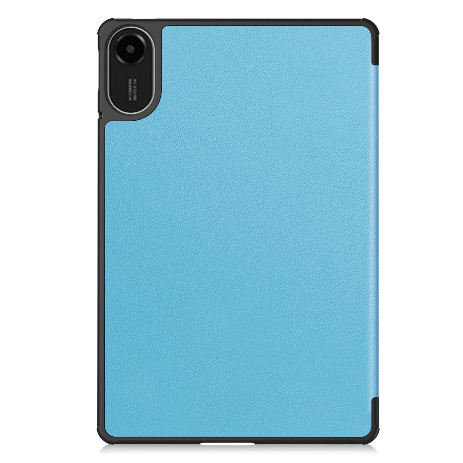 Una custodia per tablet con una superficie strutturata blu chiaro e un bordo nero. Ha una fotocamera nell'angolo in alto a sinistra.
