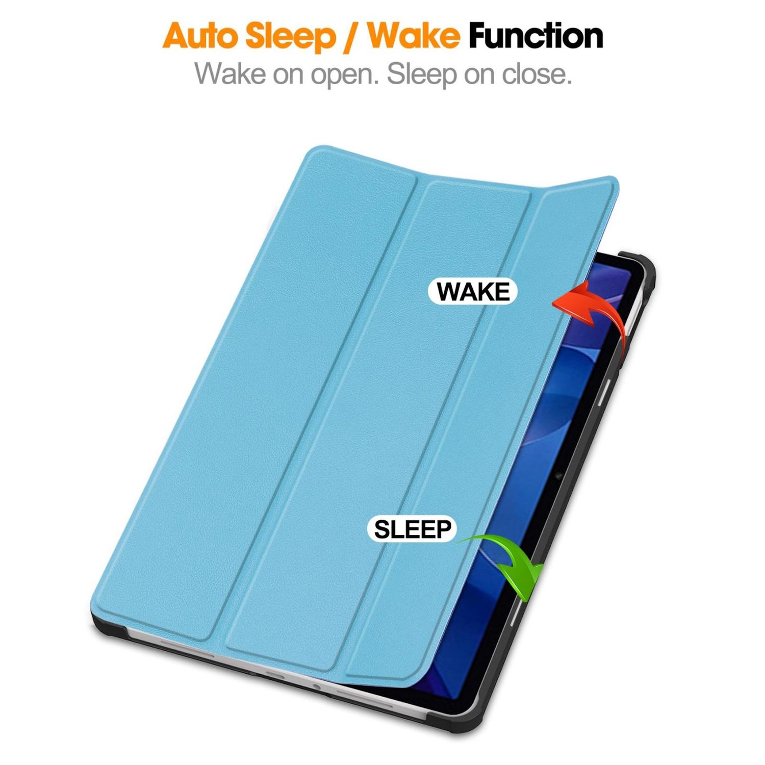 Custodia per tablet azzurra con patta aperta. Il tablet è nero. Il testo indica le funzioni 'Wake' e 'Sleep'.