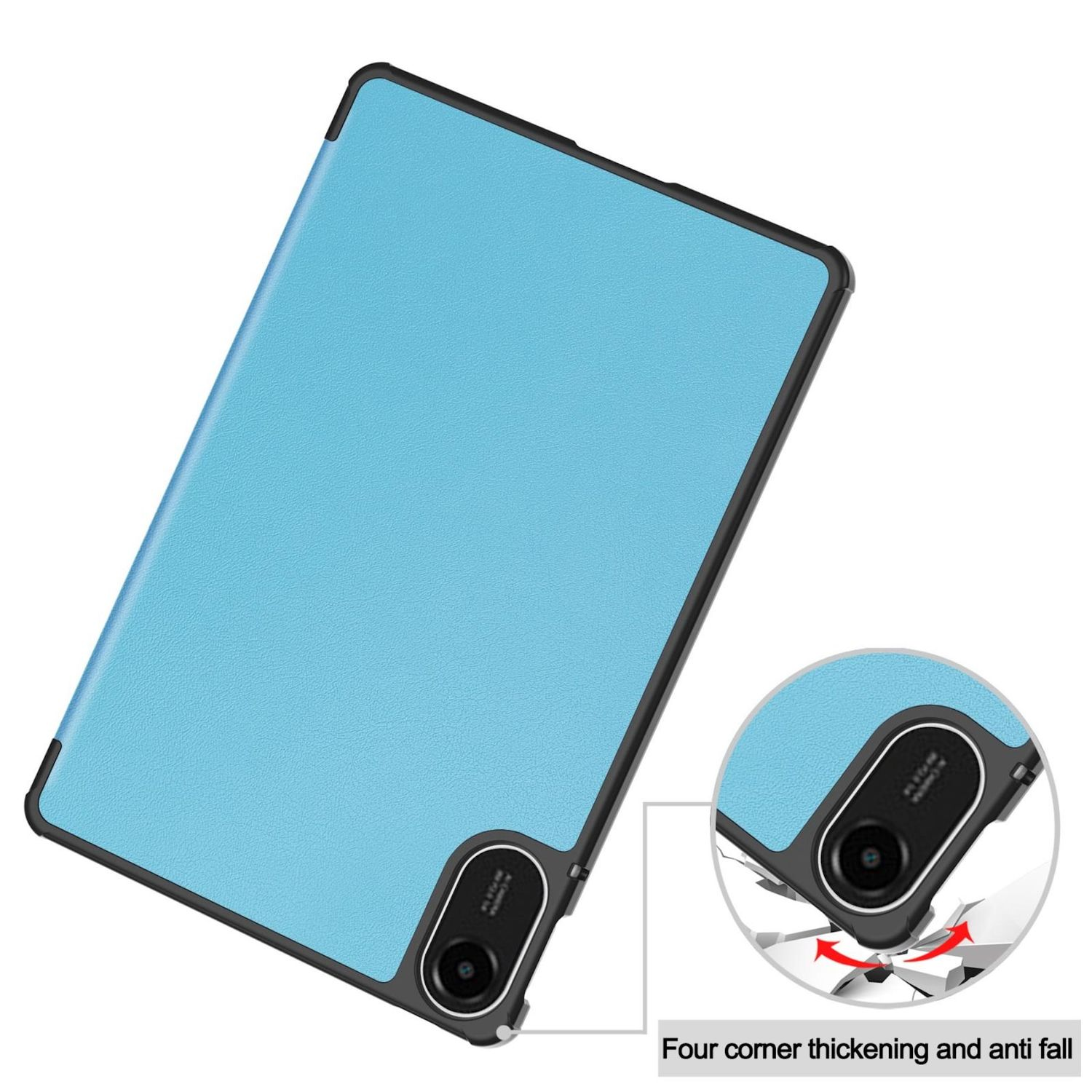 Custodia per tablet azzurra con bordi neri. Un piccolo diagramma mostra la protezione dagli urti con la scritta 'Four corner thickening and anti fall'.
