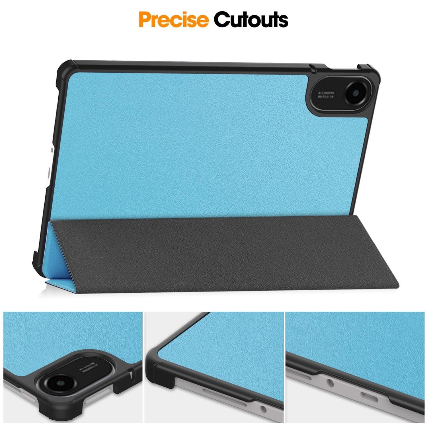 Un tablet in una custodia blu. La custodia è aperta, rivelando lo schermo. Lo sfondo è bianco. Precise Cutouts è scritto sopra.