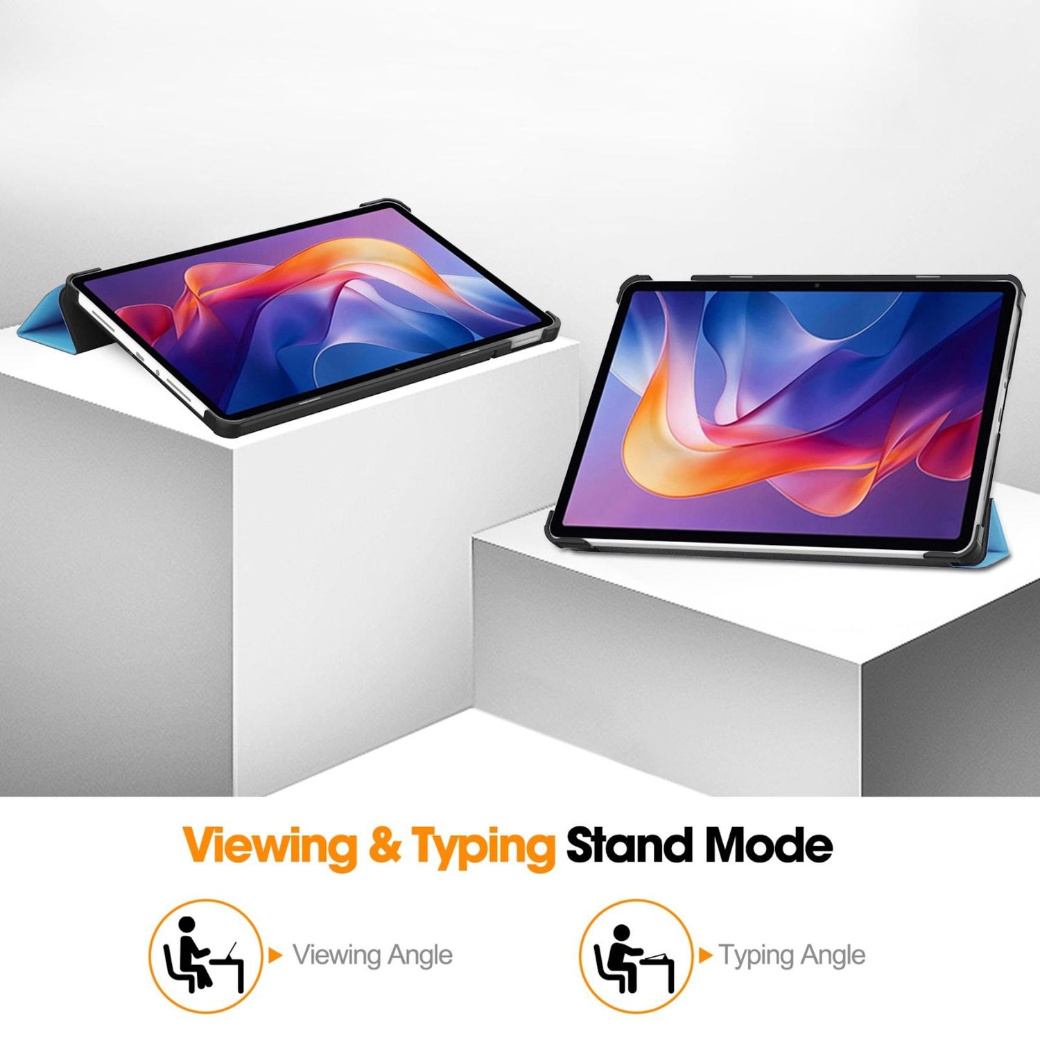 Due tablet su supporti, che mostrano gli angoli di visualizzazione e digitazione. Sfondo bianco. Testo: 'Viewing & Typing Stand Mode'.