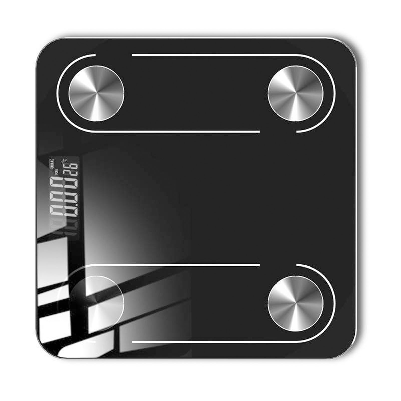 Eine schwarze digitale Badezimmerwaage. Sie hat eine Digitalanzeige mit 92,0 kg. Es gibt vier silberne runde Knöpfe.