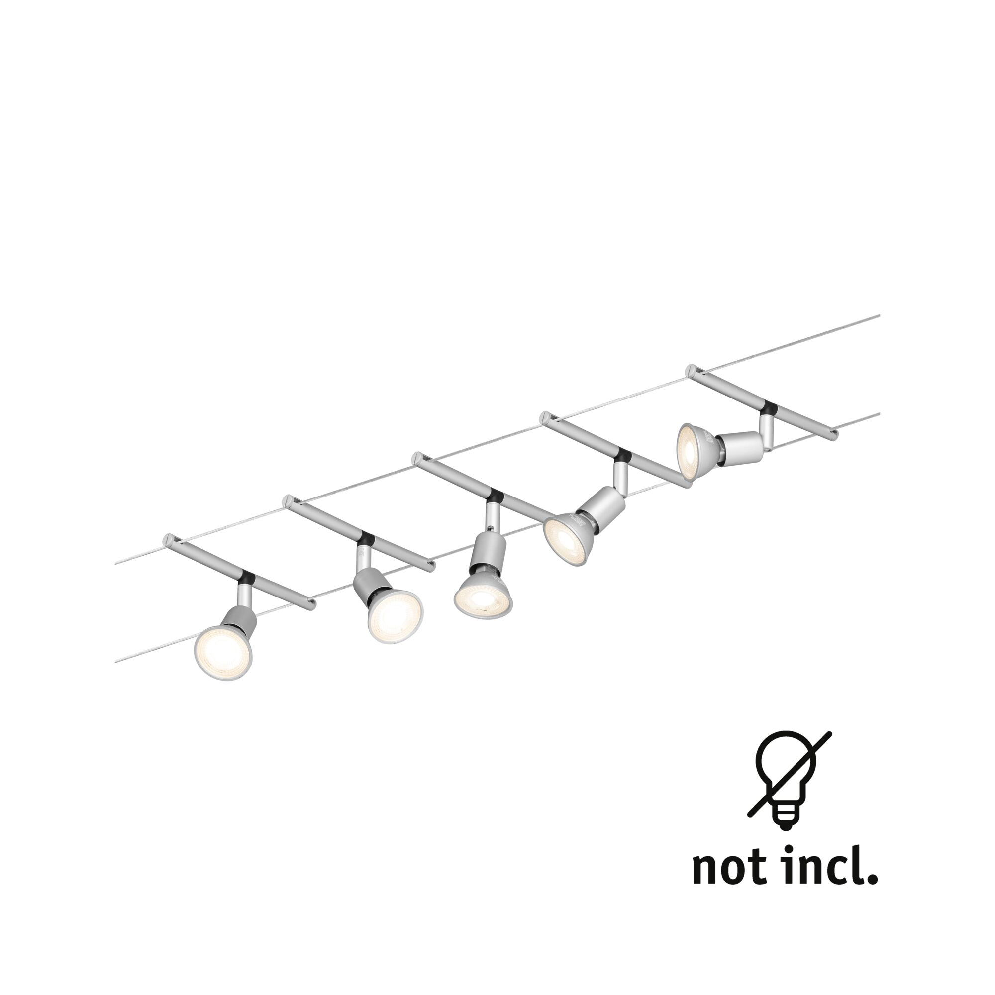Luminaire sur rail argenté avec six spots réglables, sur fond blanc, avec texte 'non incl.' en dessous.