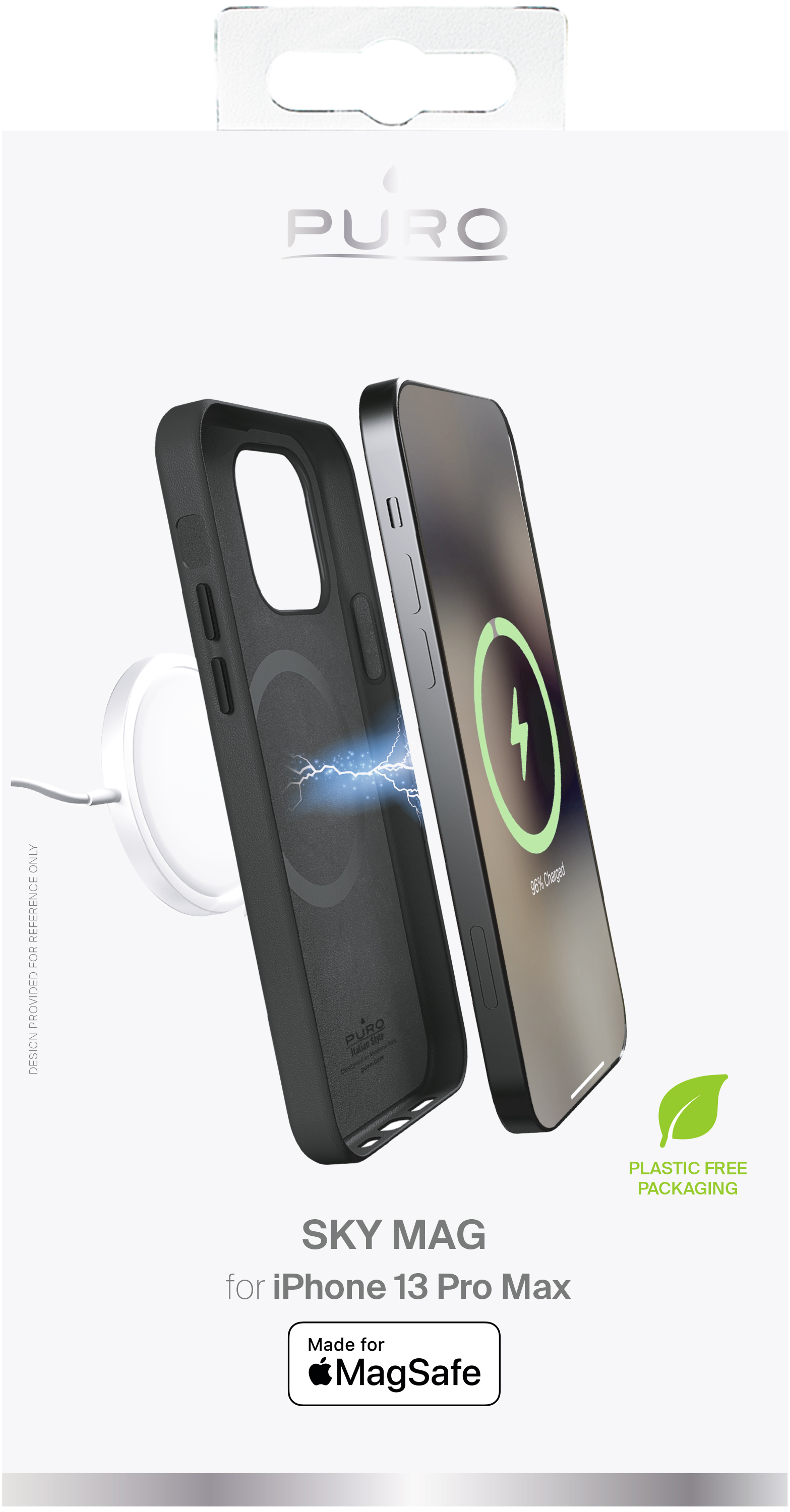 L'immagine mostra una custodia per iPhone 13 Pro Max con un telefono, in carica, e un logo MagSafe. C'è scritto 'SKY MAG' e 'PLASTIC FREE PACKAGING'.