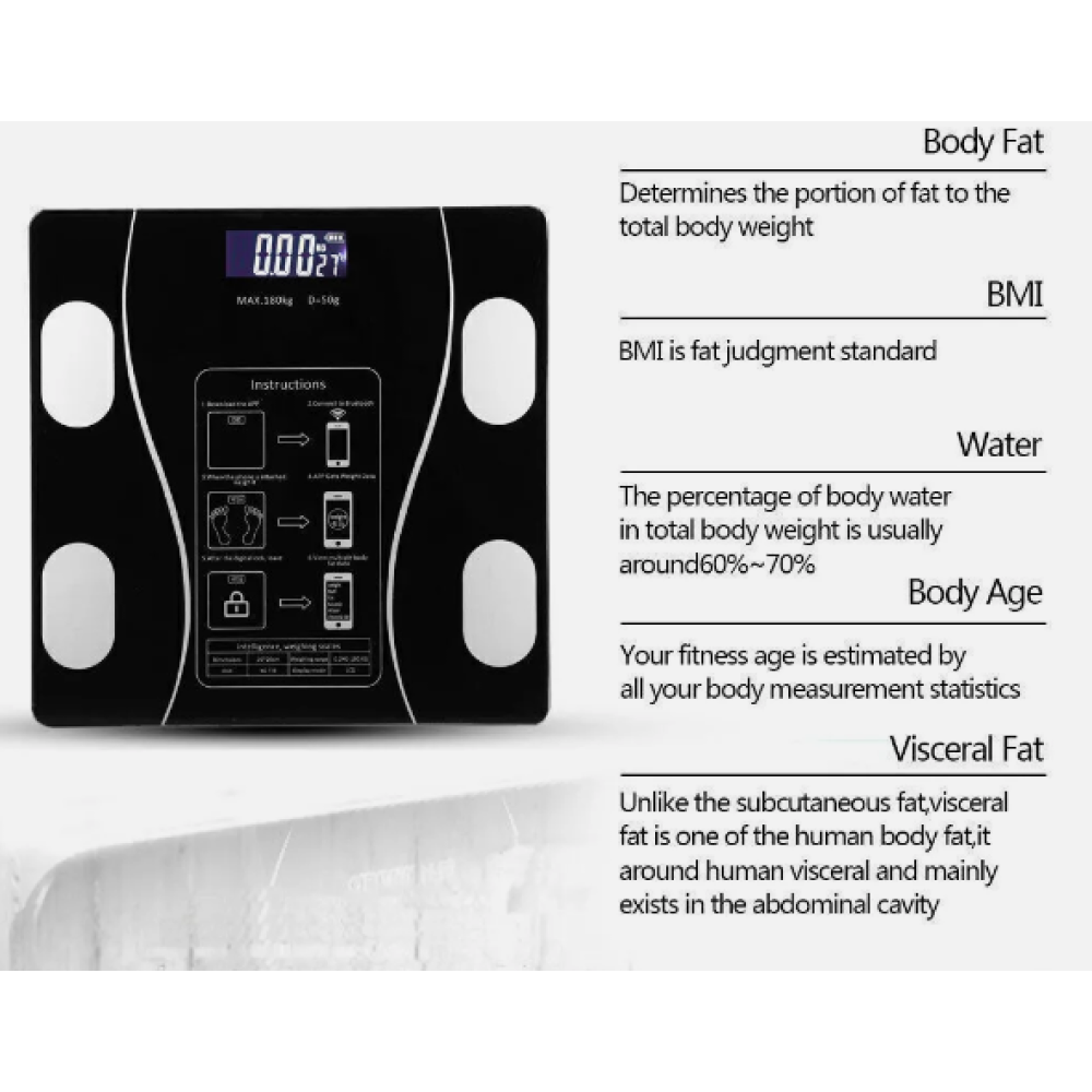 Schwarze Digitalwaage mit weißen Akzenten. Zeigt Gewicht und Anweisungen an. Textdetails Körperfett, BMI, Wasser, Alter und viszerales Fett.