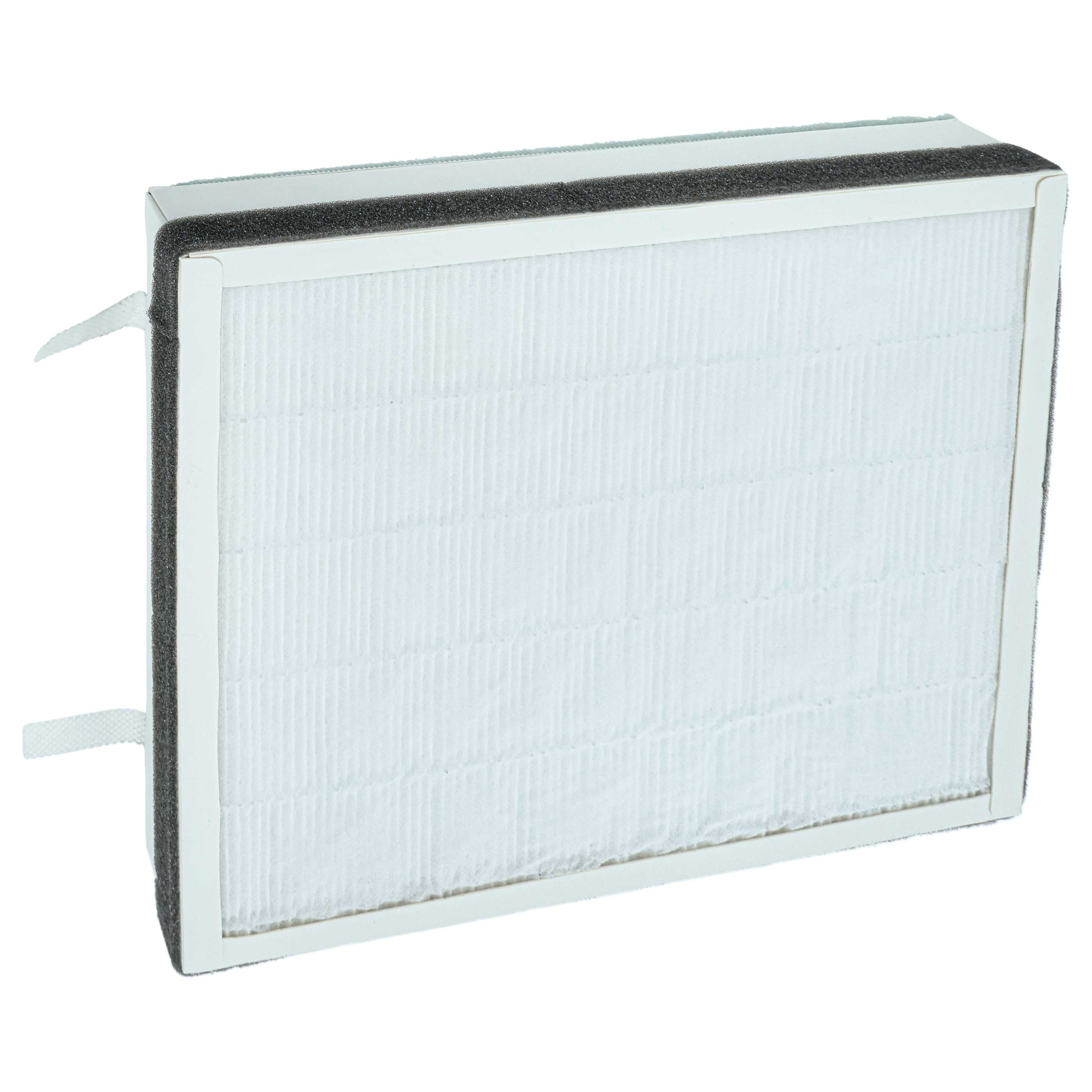 Weißer Luftfilter mit schwarzem Schaumstoffrand. Weißes Papier mit vertikalen Linien. Zwei weiße Laschen links.