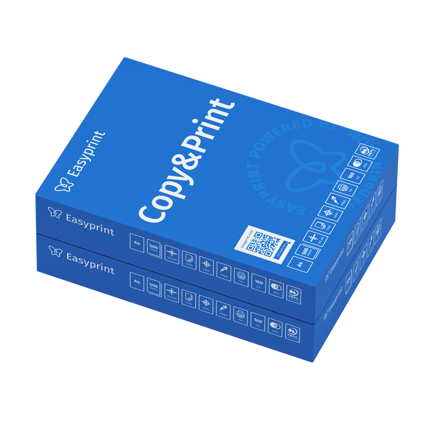 Zwei blaue Kartons mit Copy&Print-Papier. Jeder Karton hat das Easyprint-Logo und Details wie A4, 500 Blatt und verschiedene Symbole.