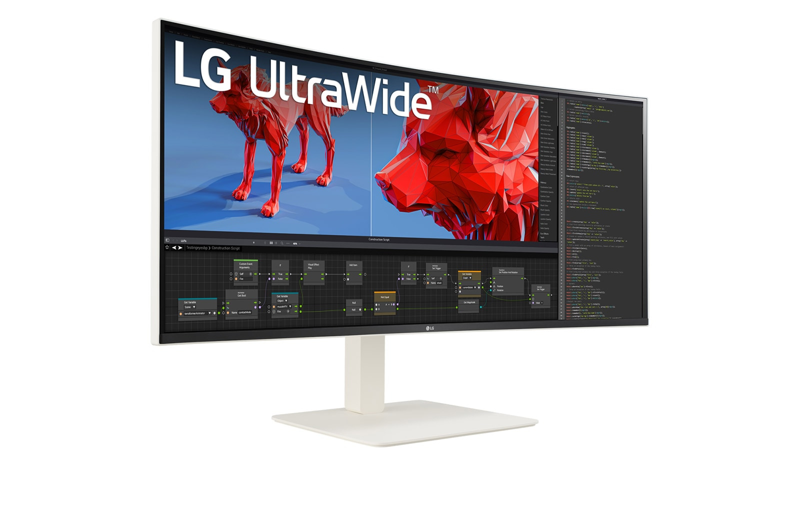 Monitor LG UltraWide z czerwoną grafiką psa na ekranie. Monitor wyświetla kod i interfejs graficzny.