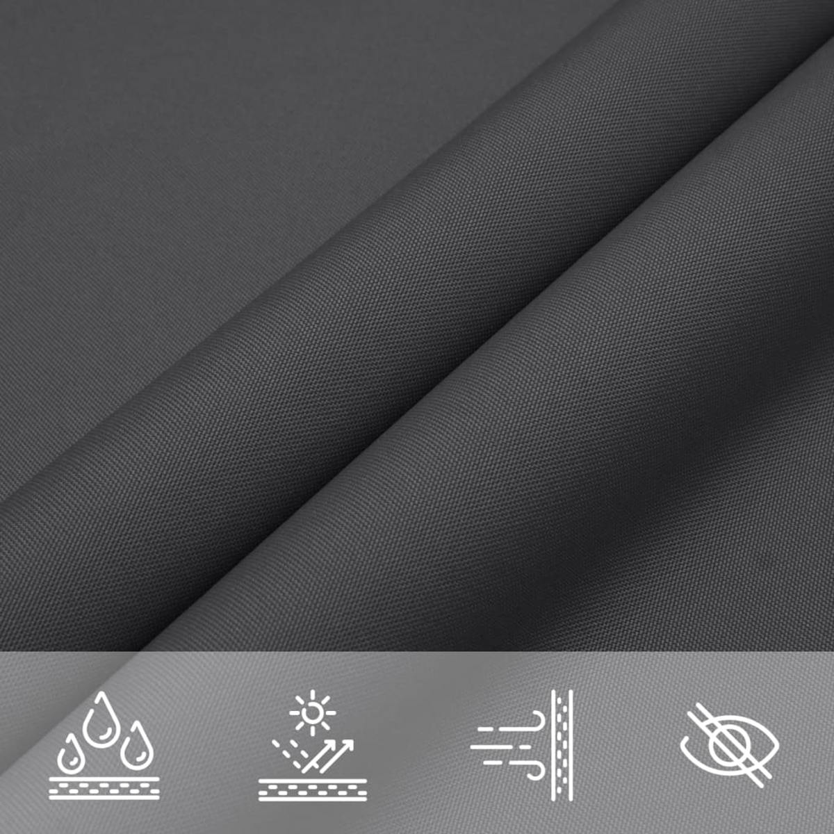 Nahaufnahme von grauem Stoff mit Falten und Textur. Wassertröpfchen, Sonnen- und Windsymbole unten.