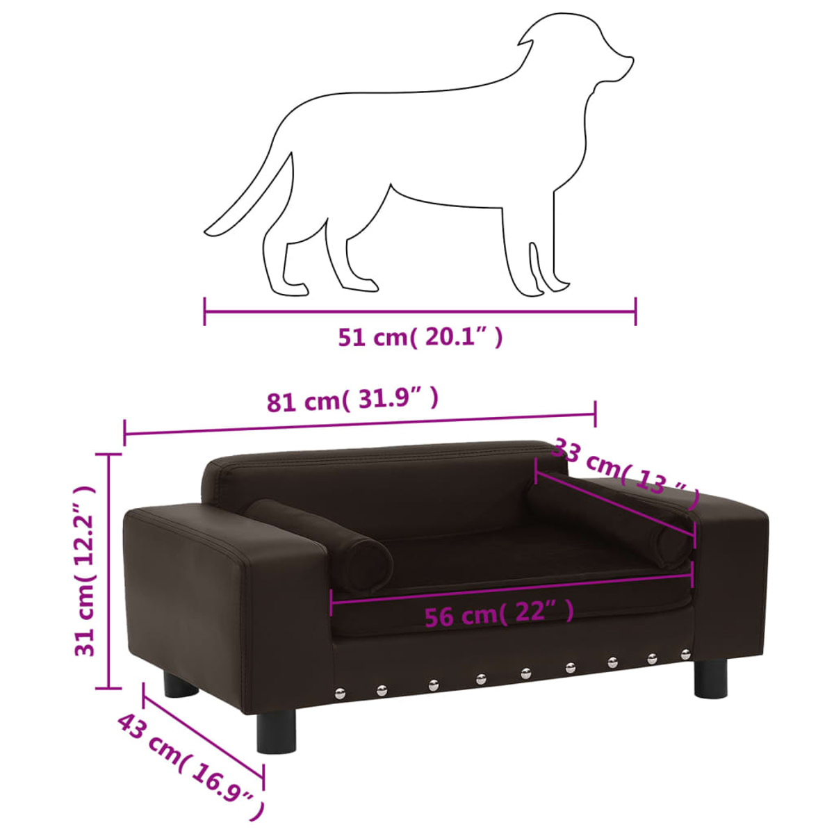 Ein braunes Hundesofa mit Maßen. Eine Hundeumrisse befindet sich über dem Sofa. Maße sind in cm und Zoll angegeben.