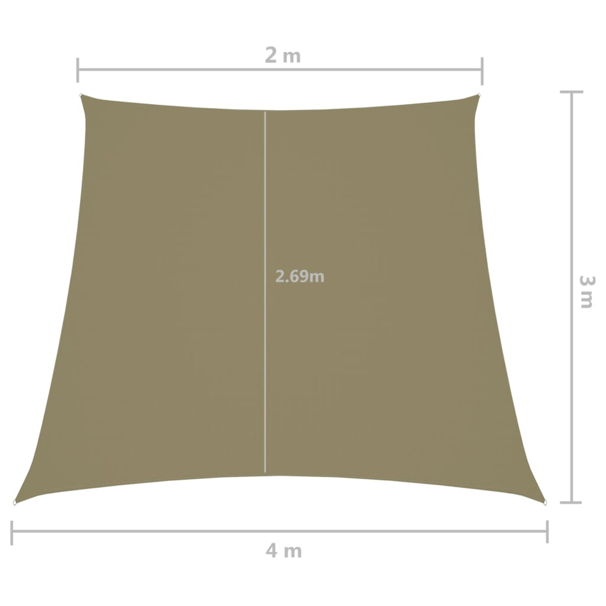 Beige rechteckige Sonnensegel. Abmessungen: 2m, 3m, und 4m. Höhe: 2,69m. Das Segel ist gespannt.