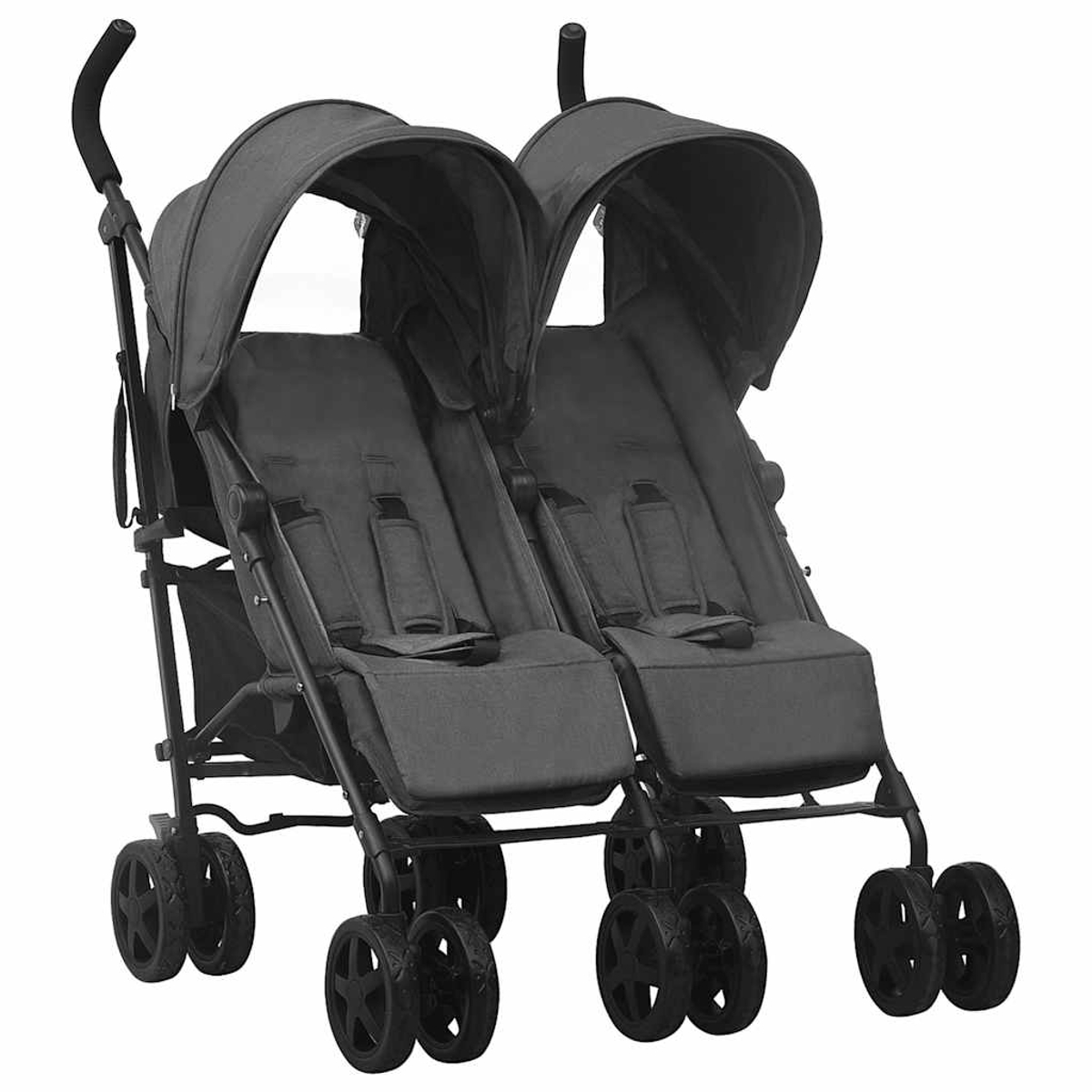 Ein grauer Doppelkinderwagen mit zwei Sitzen, Verdecken und mehreren Rädern. Er ist leer und einsatzbereit.